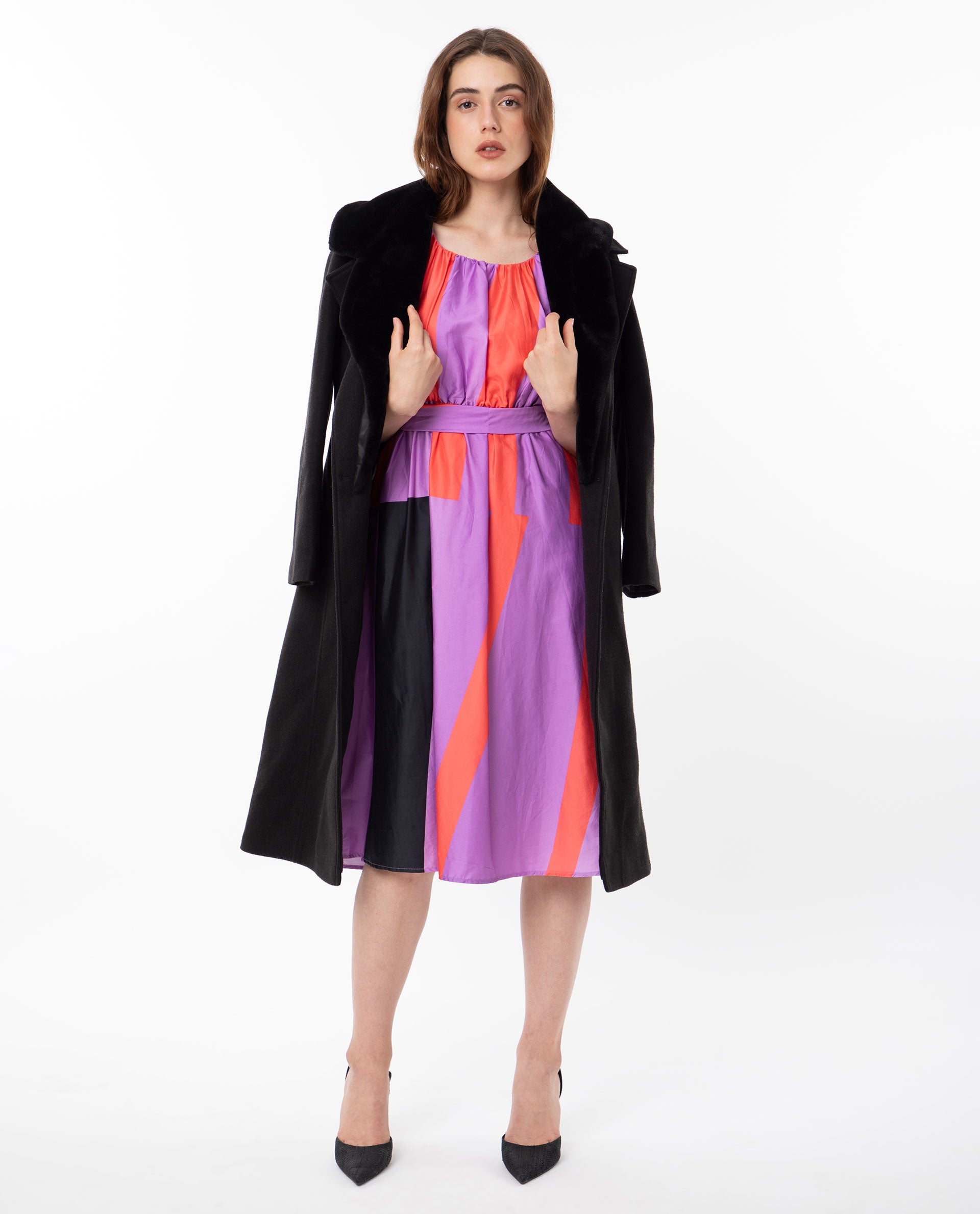 Rareism Women Traut Purple Cotton Fabric Round Neck Sleeveless Regular Fit Striped Knee Length Empire Dress