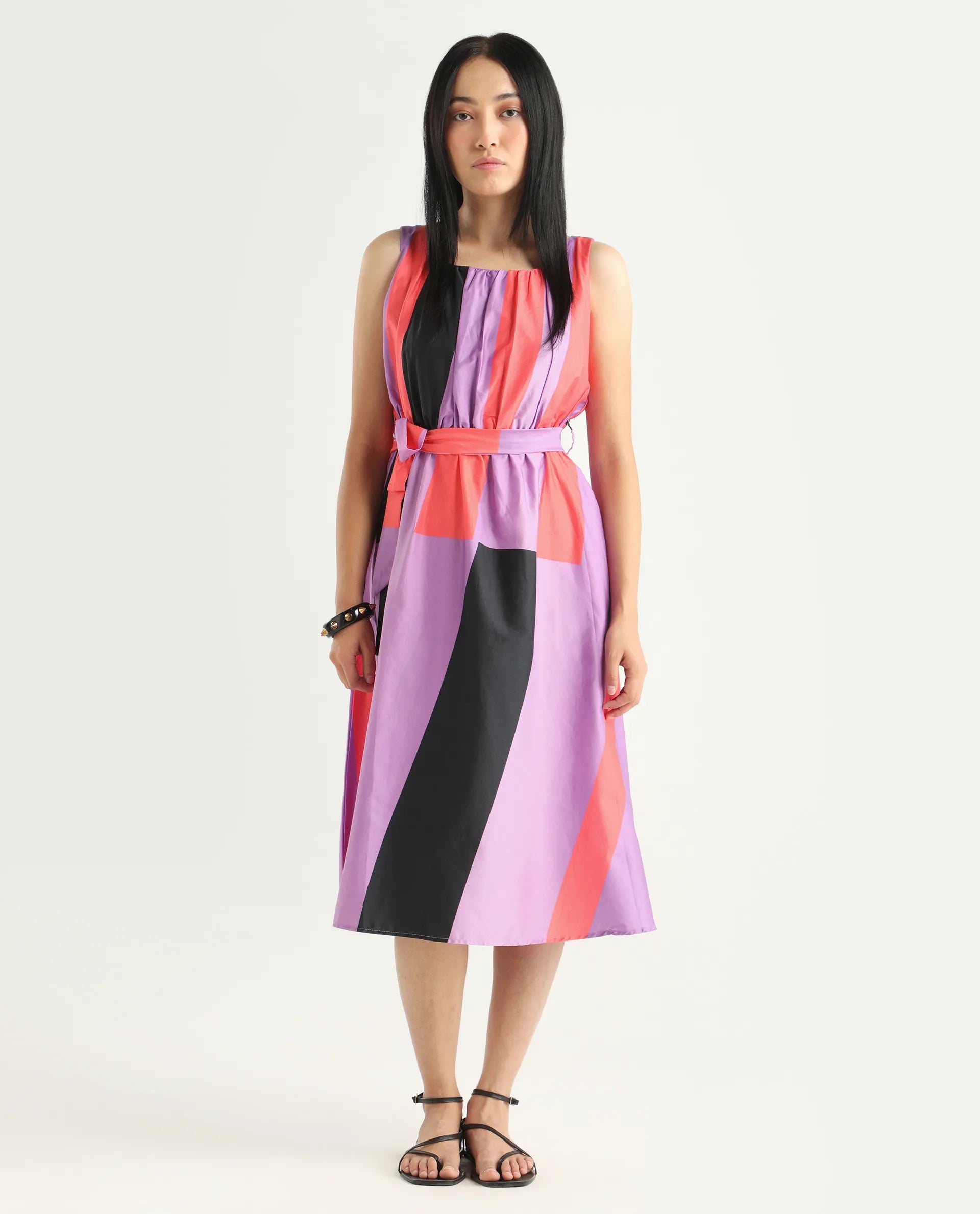 Rareism Women's Traut Purple Cotton Crew Neck Striped Sleeveless Knee Length Regular Fit Dress