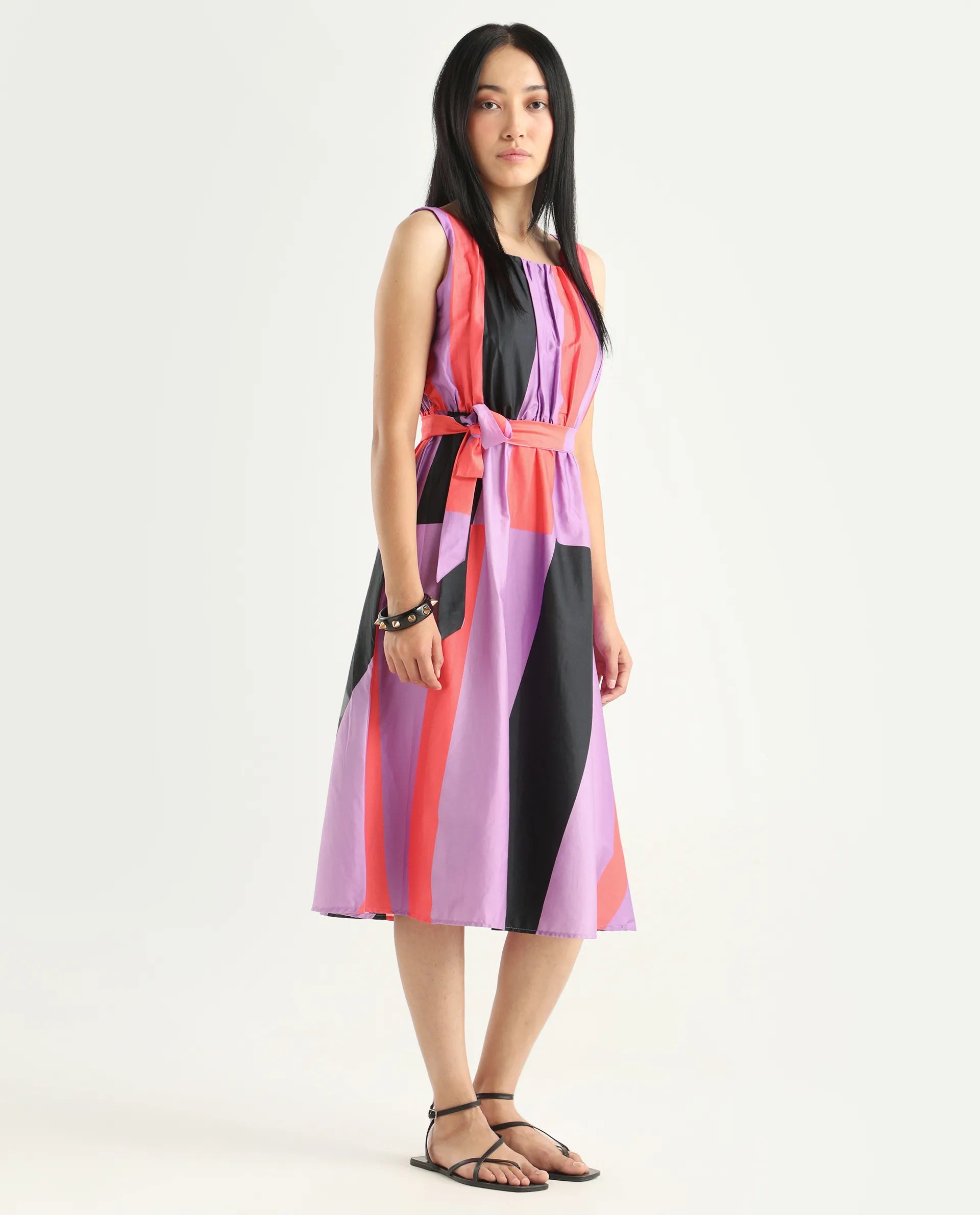 Rareism Women's Traut Purple Cotton Crew Neck Striped Sleeveless Knee Length Regular Fit Dress