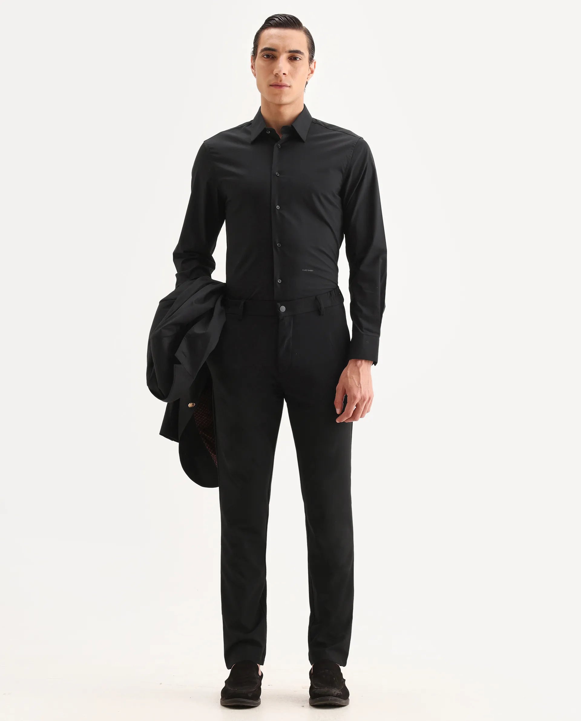 Rare Rabbit Men's Travel-11 Black Polyester Blend Plain Regular Fit Trouser