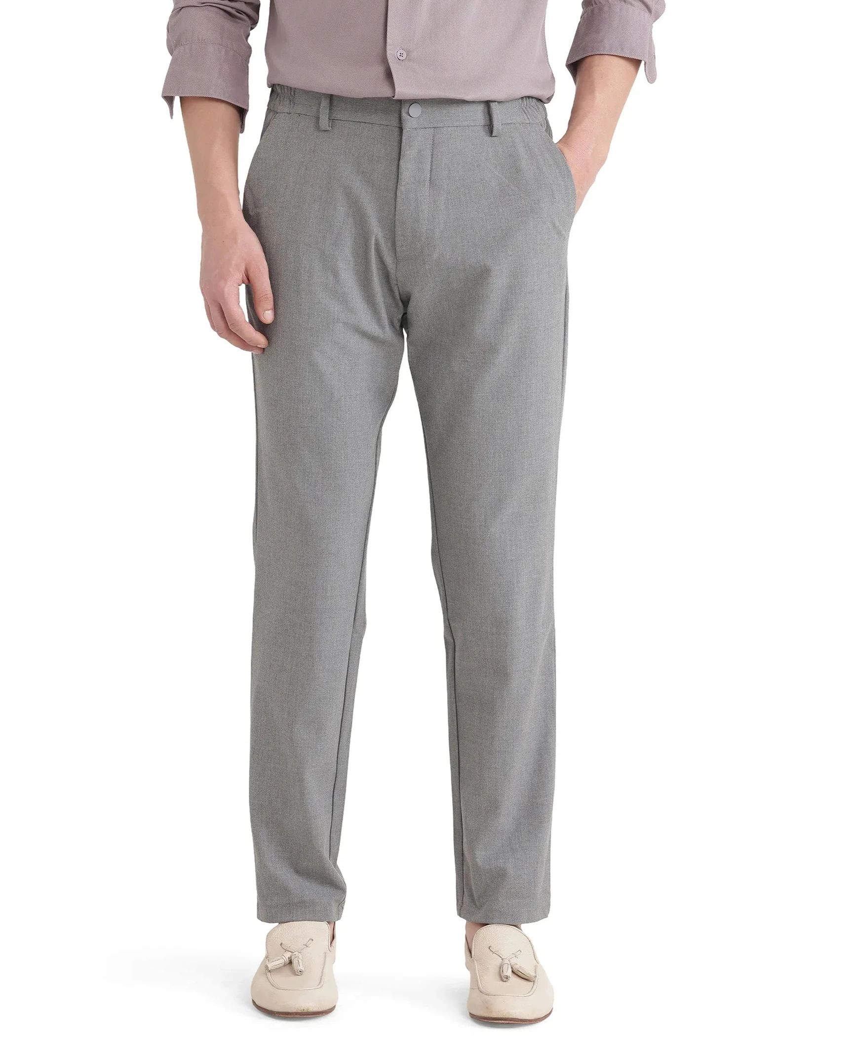 Rare Rabbit Men's Travel-11 Grey Polyester Viscose Fabric Button And Zip Closure Regular Fit Plain Trouser