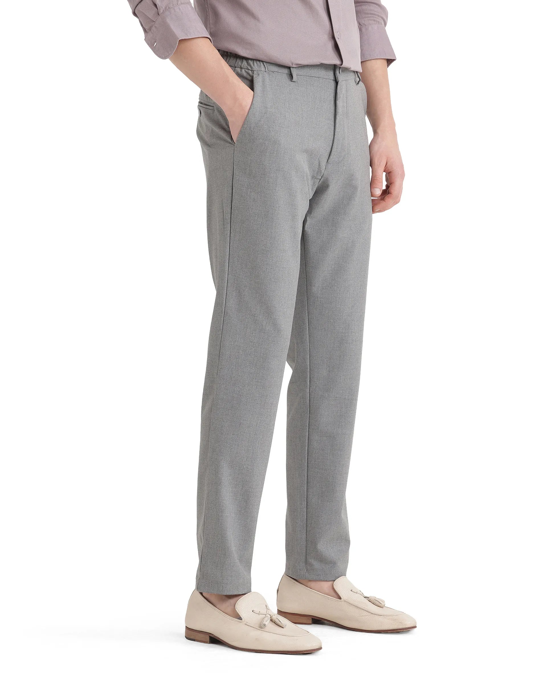 Rare Rabbit Men's Travel-11 Grey Polyester Viscose Fabric Button And Zip Closure Regular Fit Plain Trouser