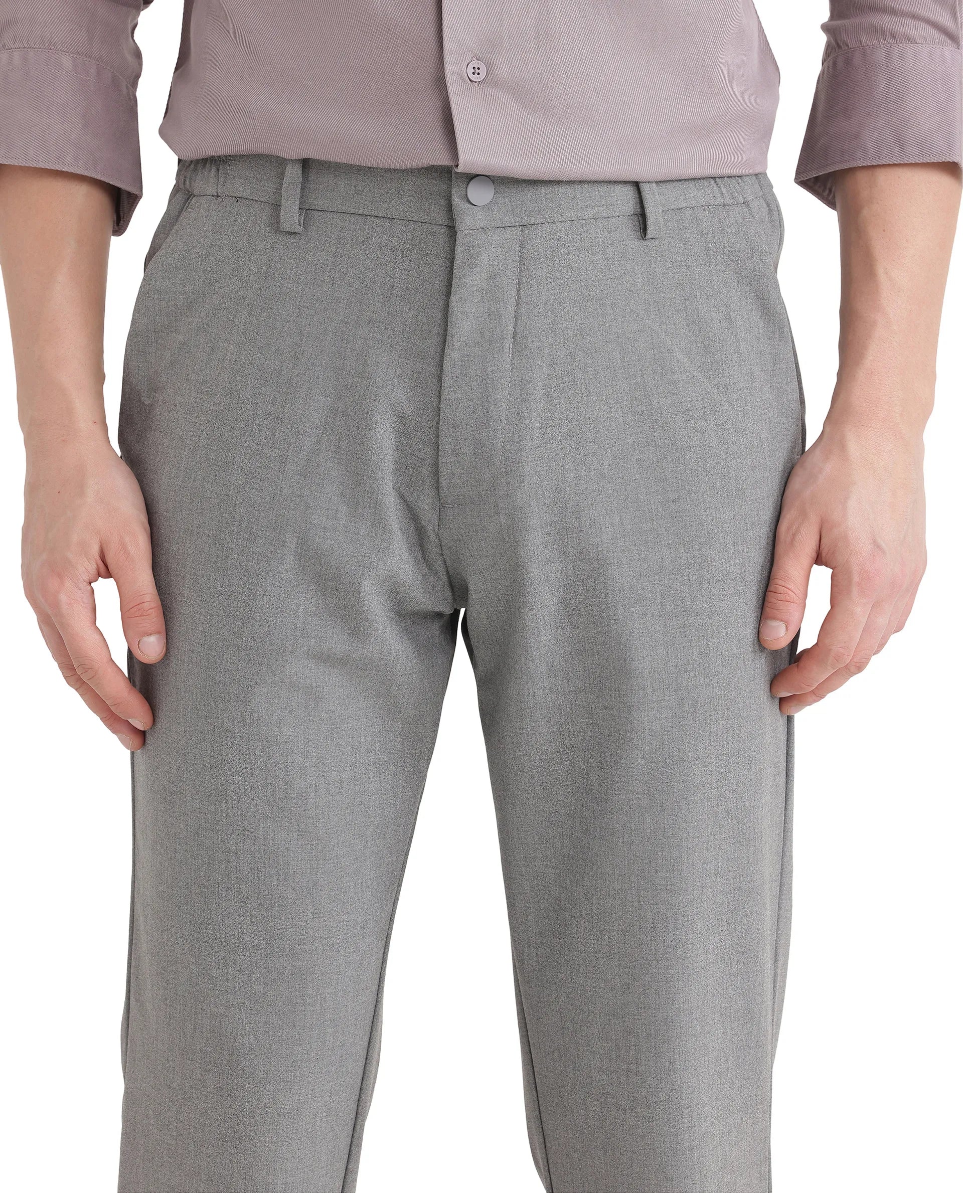 Rare Rabbit Men's Travel-11 Grey Polyester Viscose Fabric Button And Zip Closure Regular Fit Plain Trouser