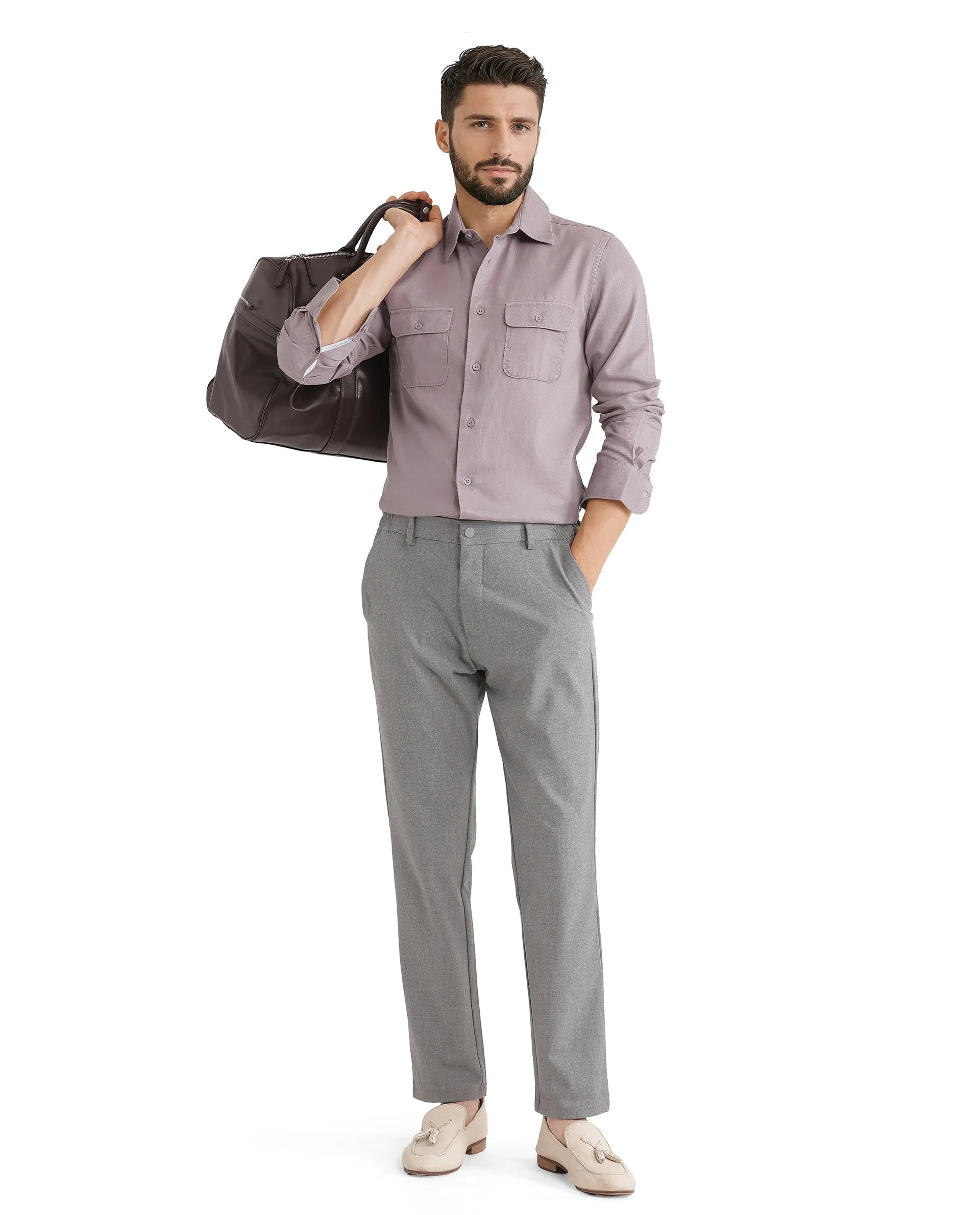 Rare Rabbit Men's Travel-11 Grey Polyester Viscose Fabric Button And Zip Closure Regular Fit Plain Trouser