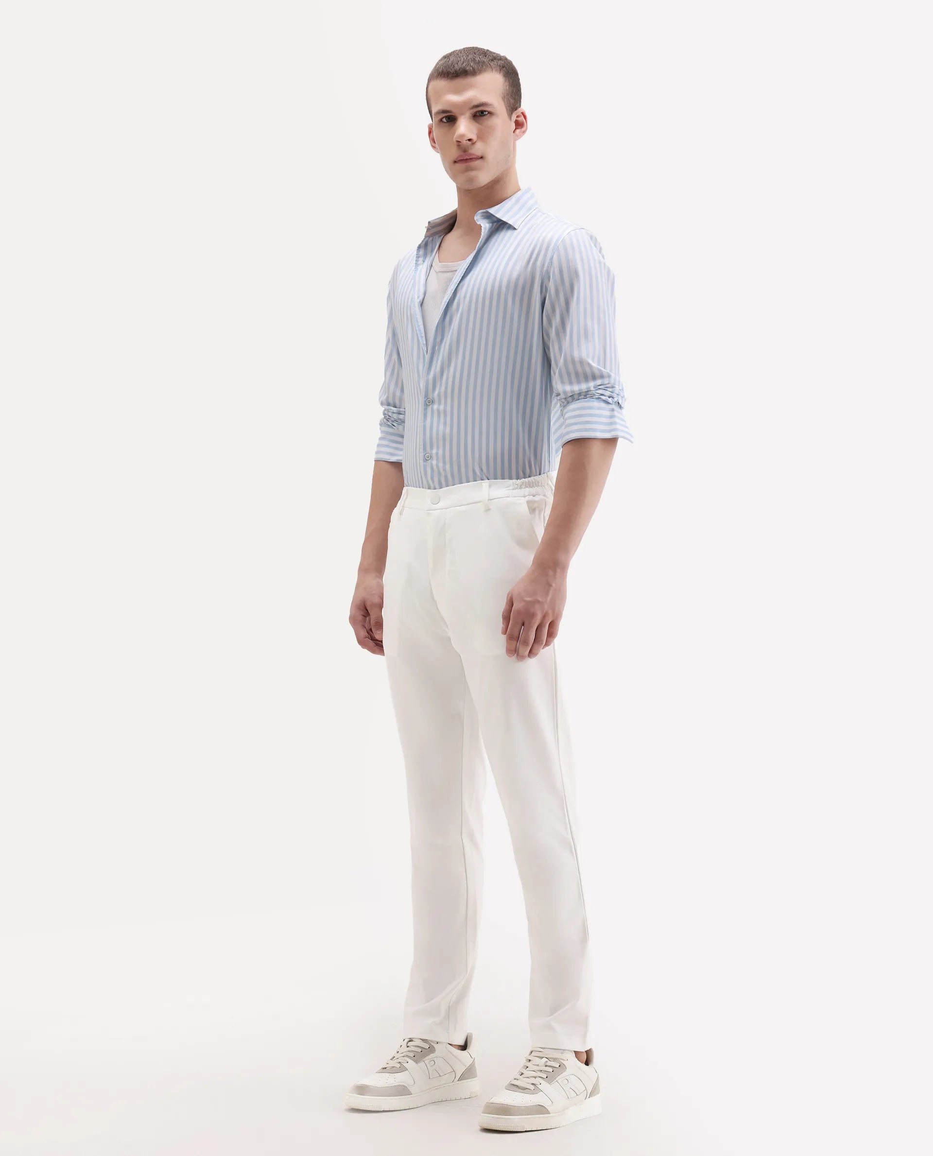 Rare Rabbit Men's Travel-11 White Polyester Blend Plain Regular Fit Trouser