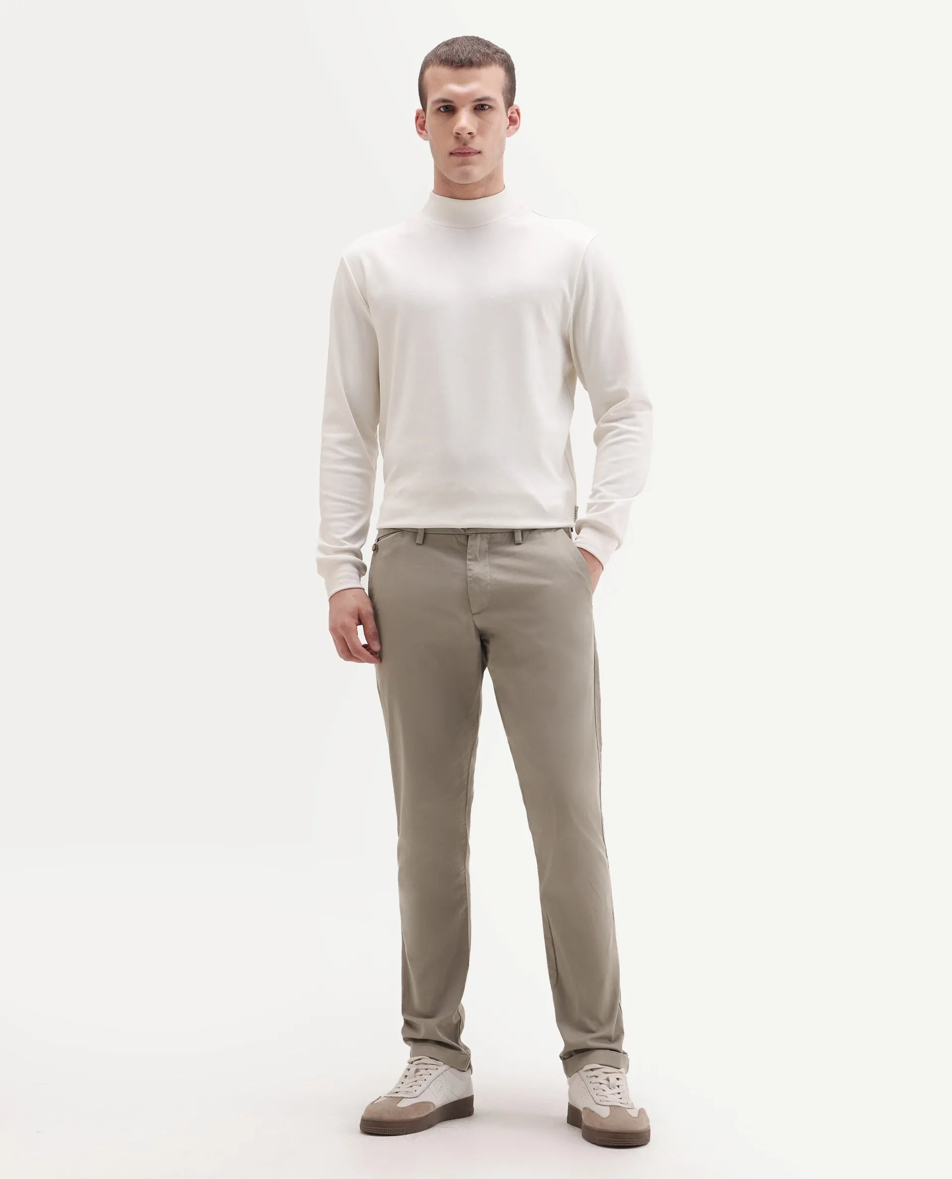 Rare Rabbit Men's Travel-24 Dark Beige Poly Viscose Lycra Fabric Blend Regular Fit Solid Trousers