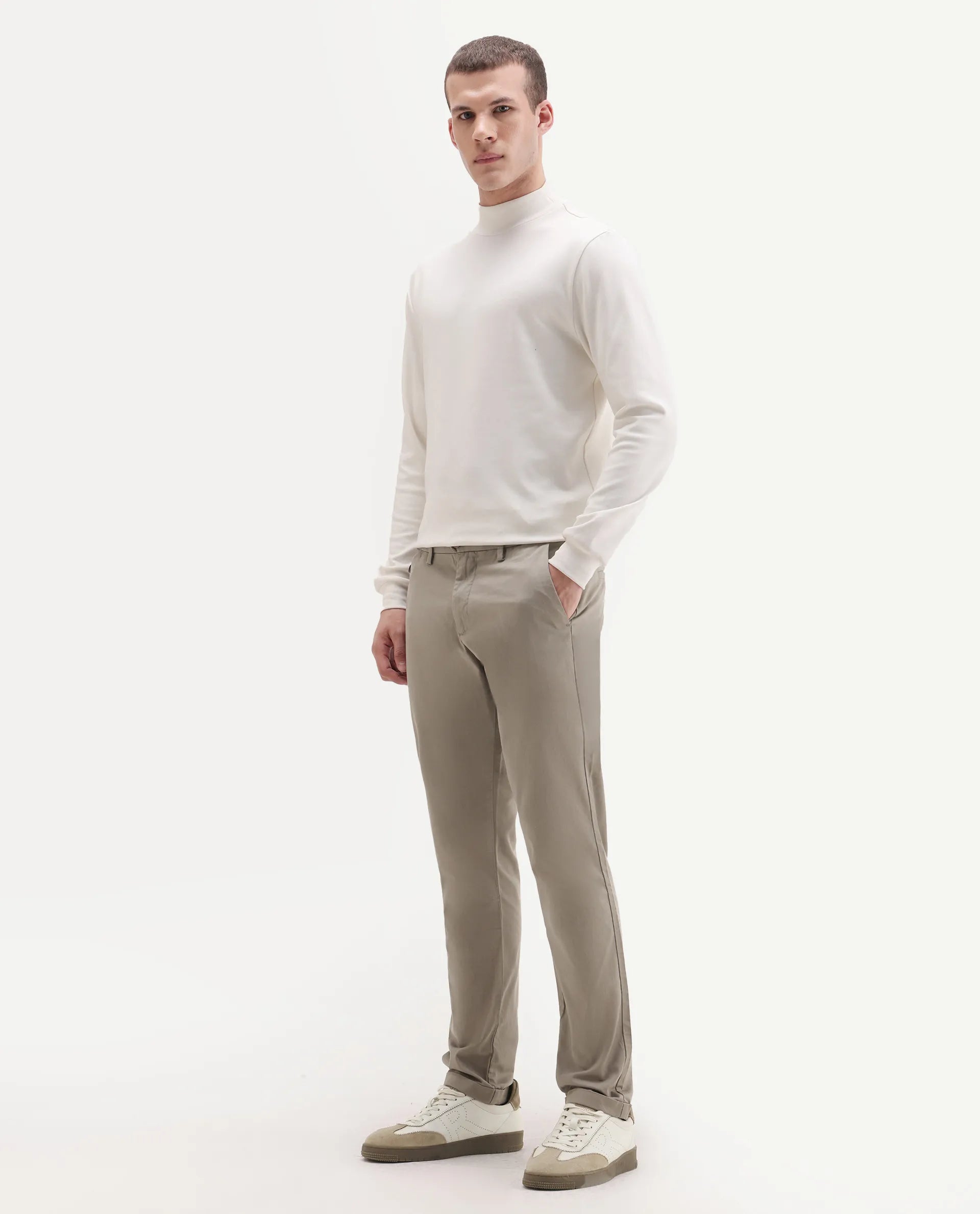 Rare Rabbit Men's Travel-24 Dark Beige Poly Viscose Lycra Fabric Blend Regular Fit Solid Trousers