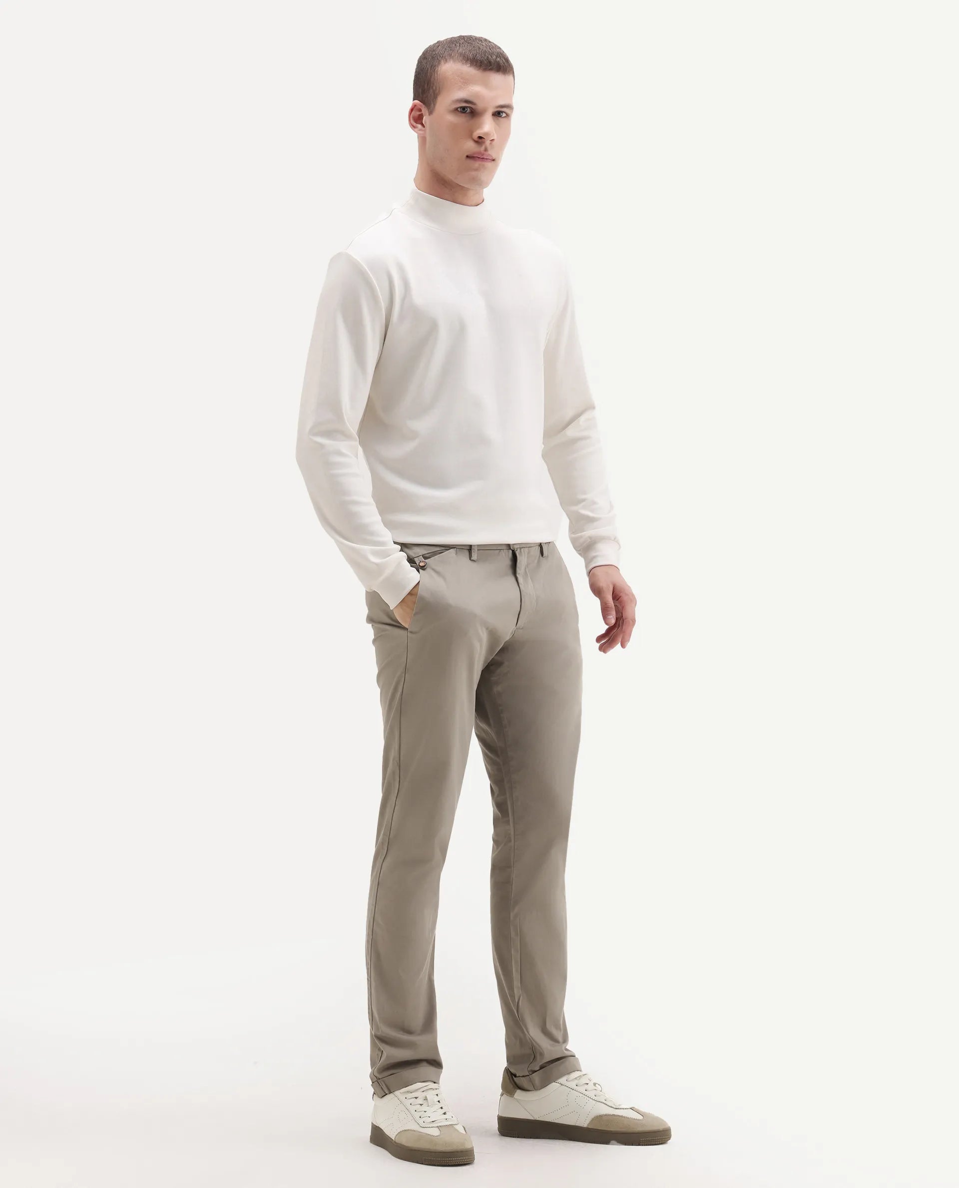 Rare Rabbit Men's Travel-24 Dark Beige Poly Viscose Lycra Fabric Blend Regular Fit Solid Trousers