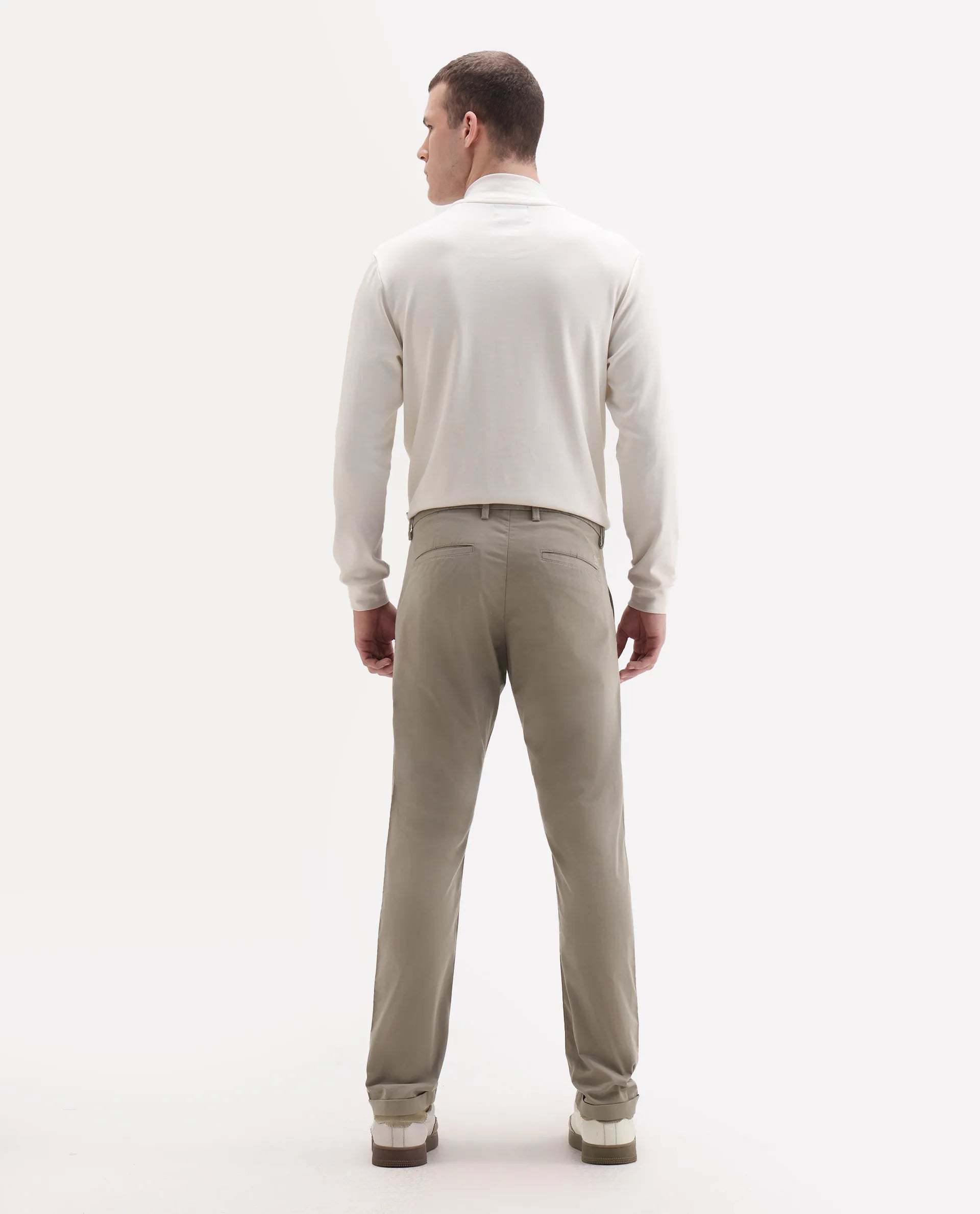 Rare Rabbit Men's Travel-24 Dark Beige Poly Viscose Lycra Fabric Blend Regular Fit Solid Trousers