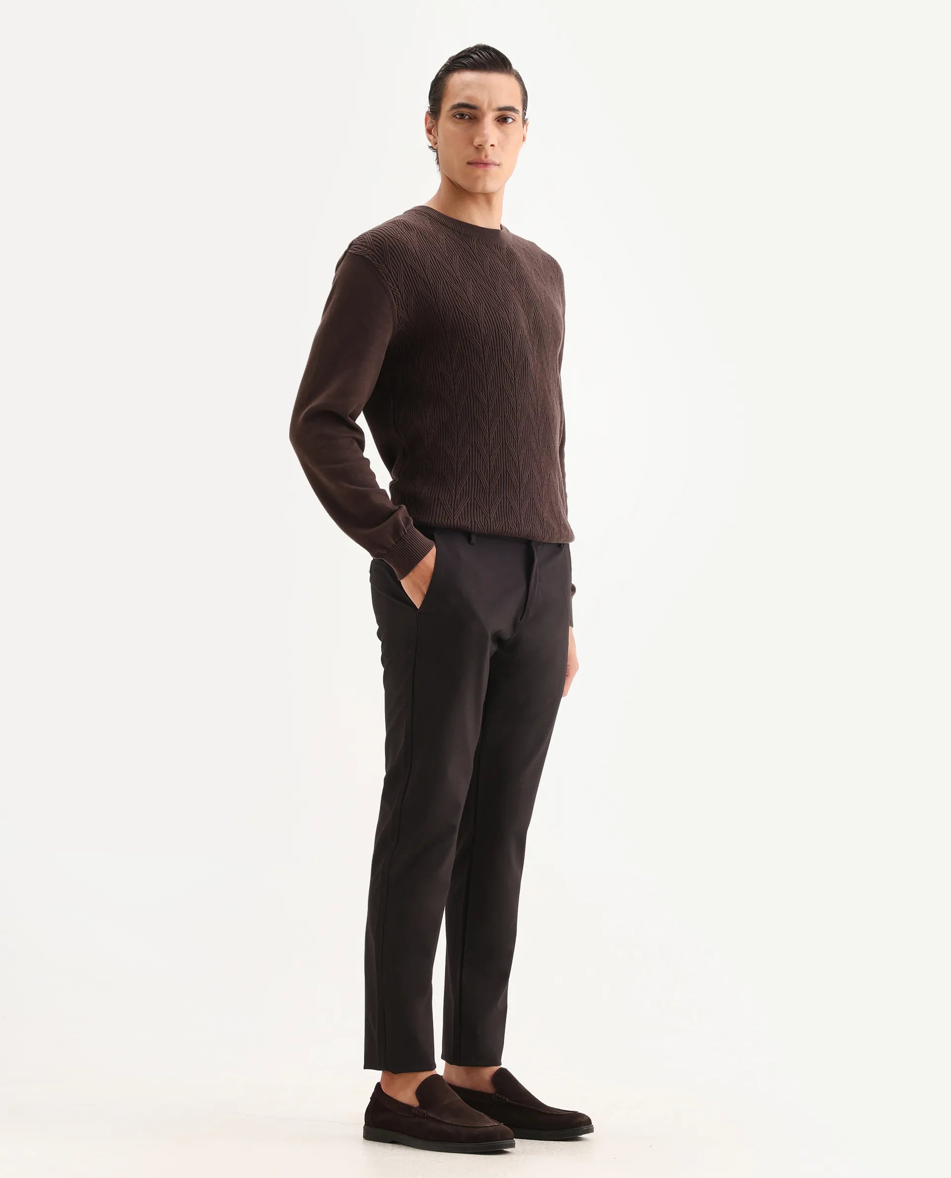 Rare Rabbit Mens Travel-24 Maroon Polyester Viscose Lycra Fabric Mid Rise Regular Fit Solid Trousers