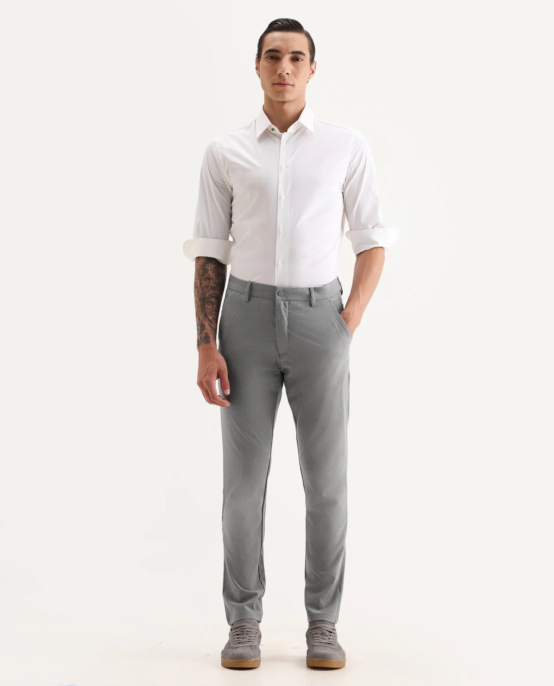 Rare Rabbit Men's Travel-25 Grey Polyester Blend Plain Regular Fit Trouser