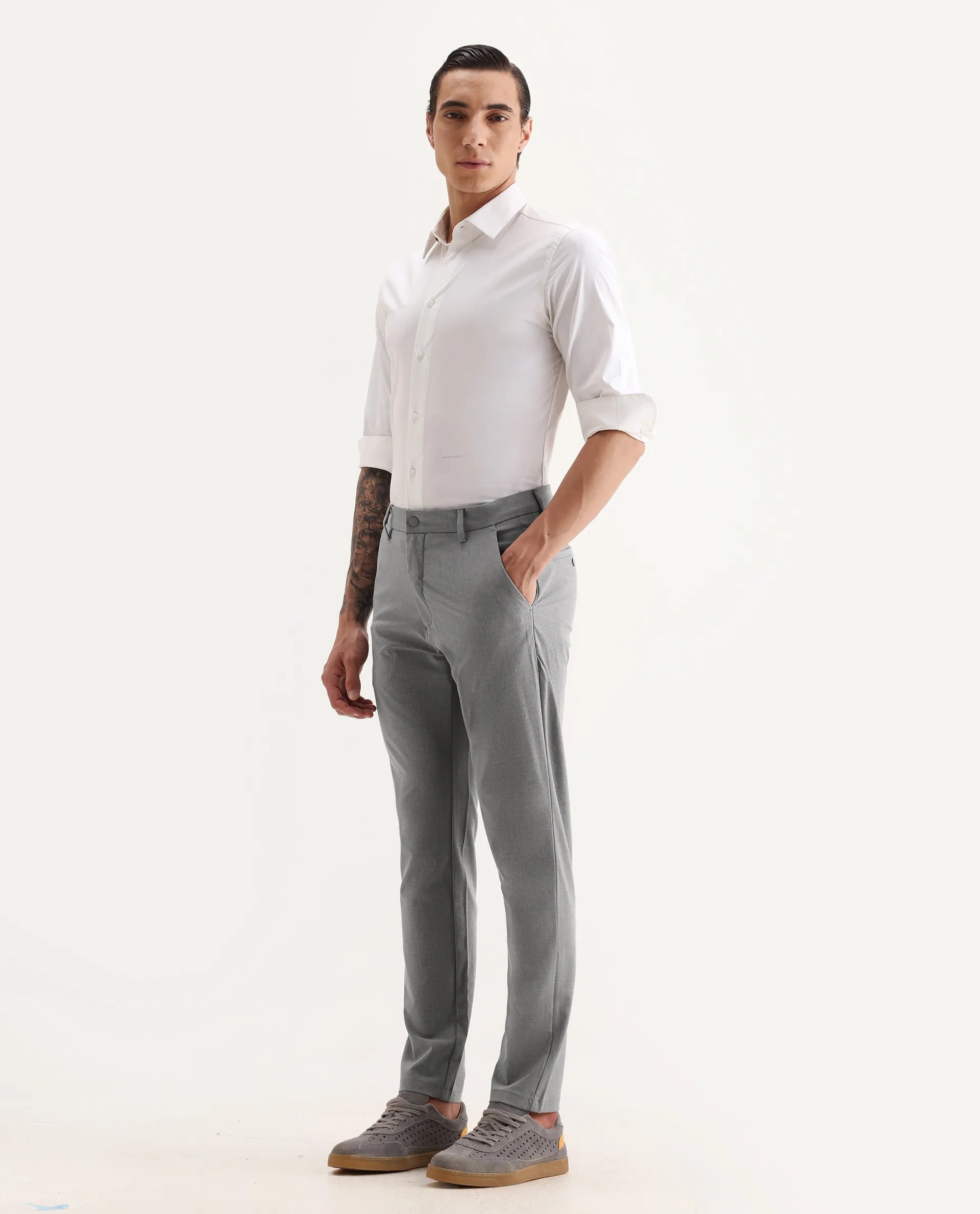 Rare Rabbit Men's Travel-25 Grey Polyester Blend Plain Regular Fit Trouser