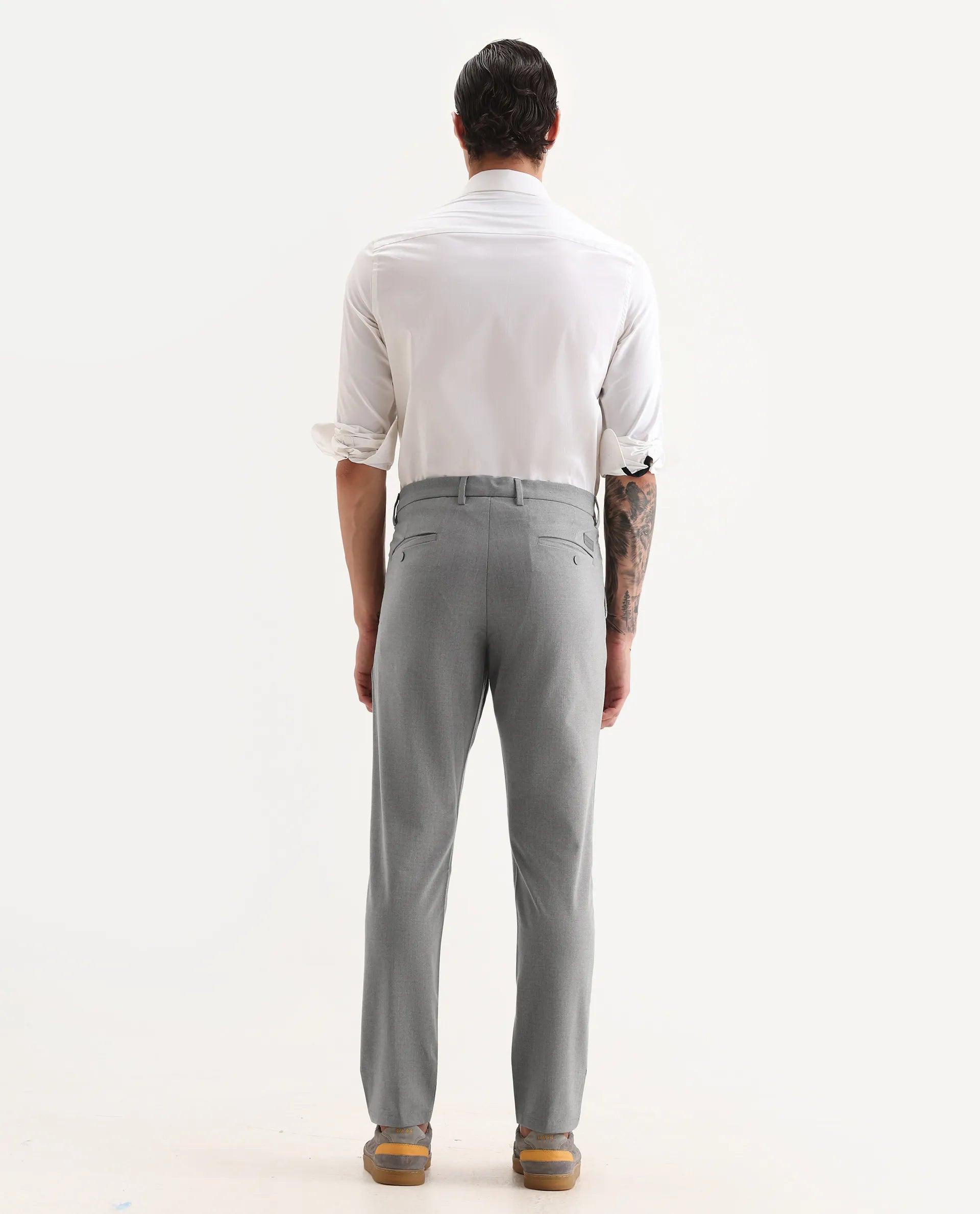 Rare Rabbit Men's Travel-25 Grey Polyester Blend Plain Regular Fit Trouser