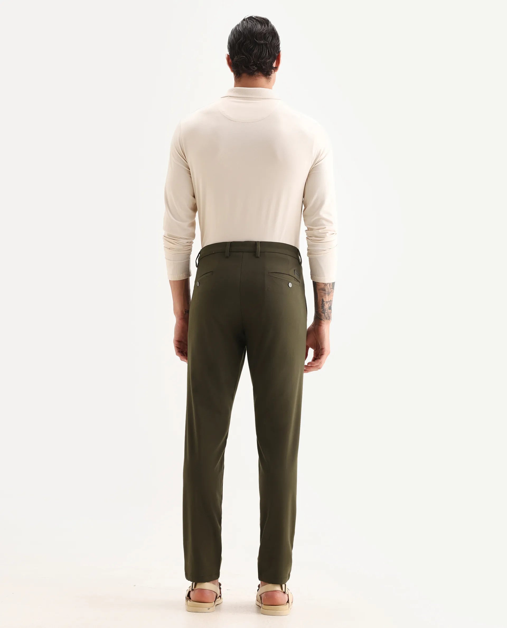 Rare Rabbit Men's Travel-25 Olive Polyester Blend Plain Regular Fit Trouser