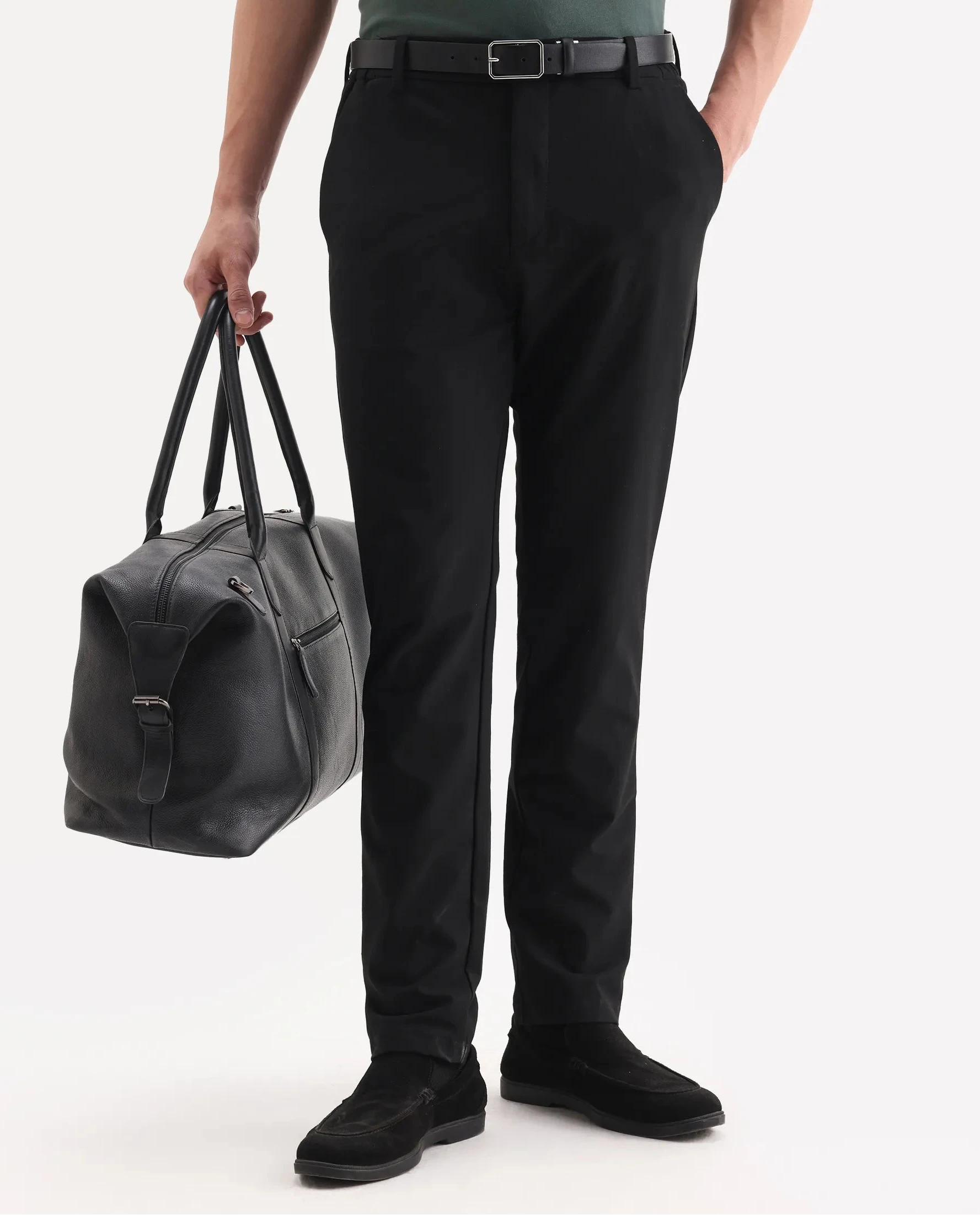 Rare Rabbit Men's Travel 26 Black Polyester Blend Plain Regular Fit Trouser