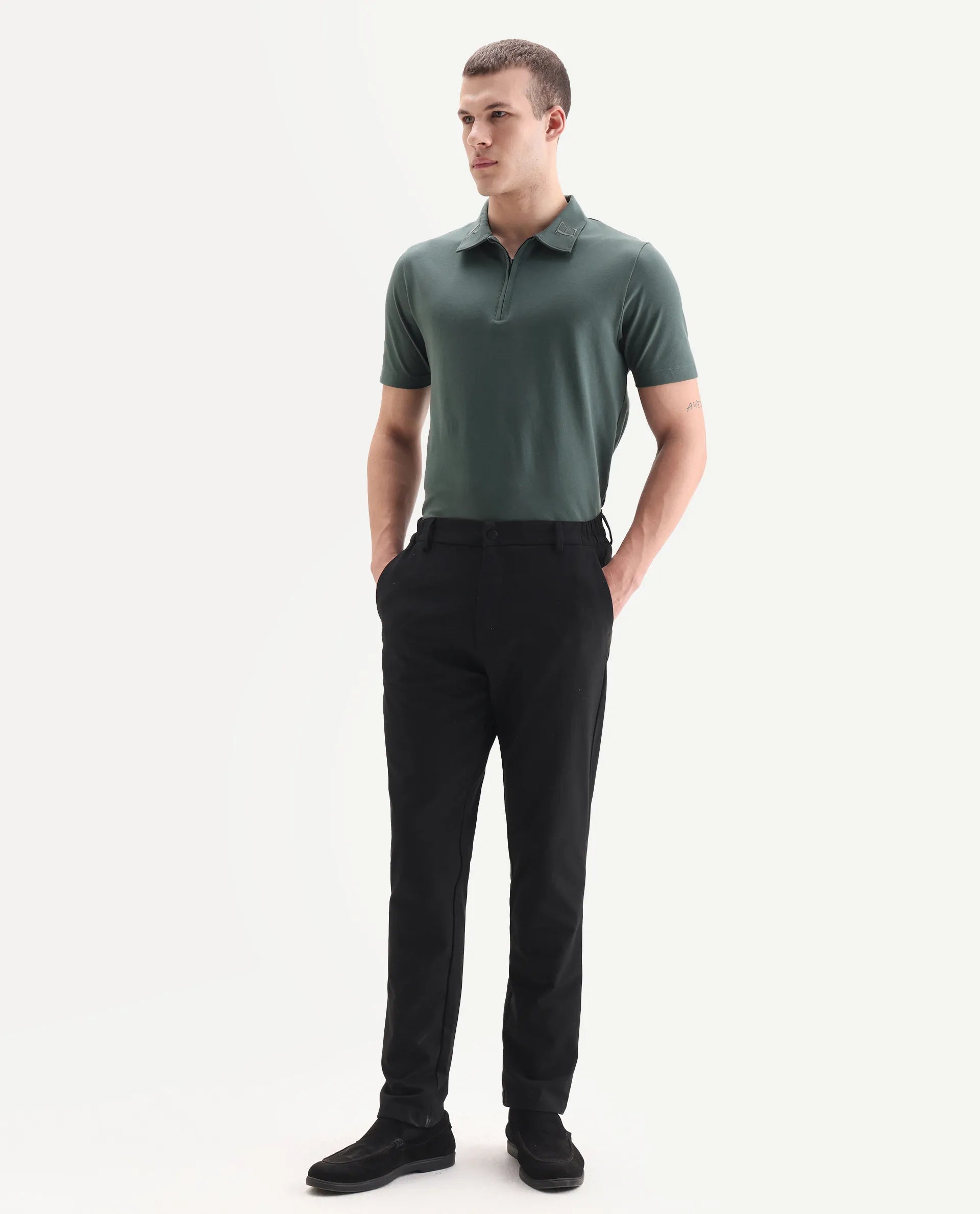 Rare Rabbit Men's Travel 26 Black Polyester Blend Plain Regular Fit Trouser