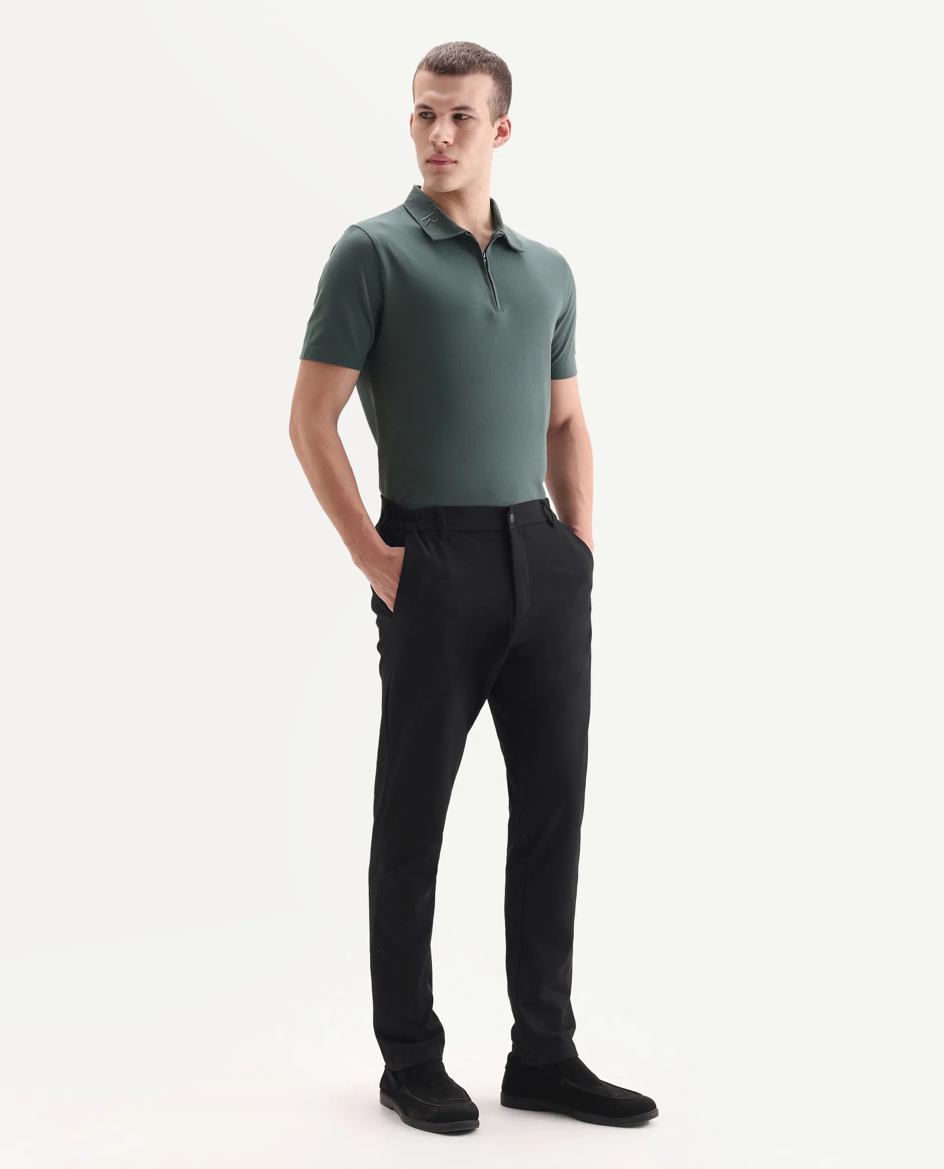 Rare Rabbit Men's Travel 26 Black Polyester Blend Plain Regular Fit Trouser