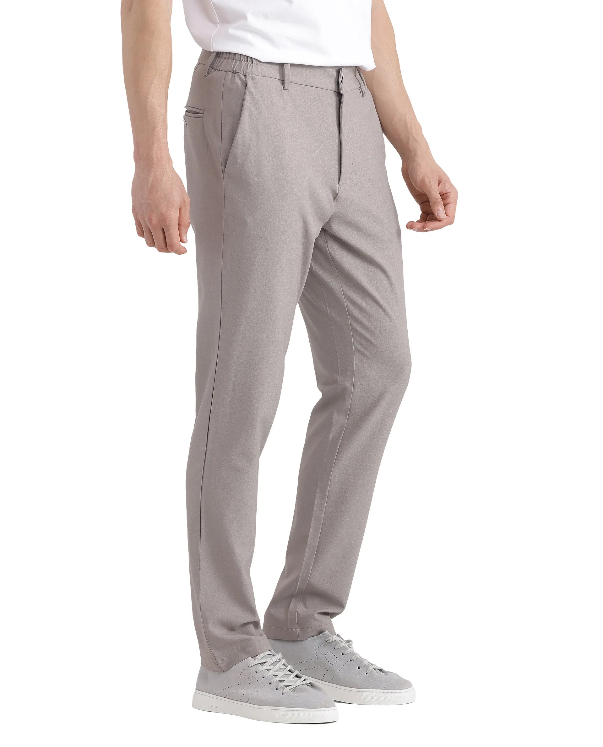 Rare Rabbit Men Travel-26 Dark Beige Cotton Elastane Fabric Button And Zip Closure Plain Trouser