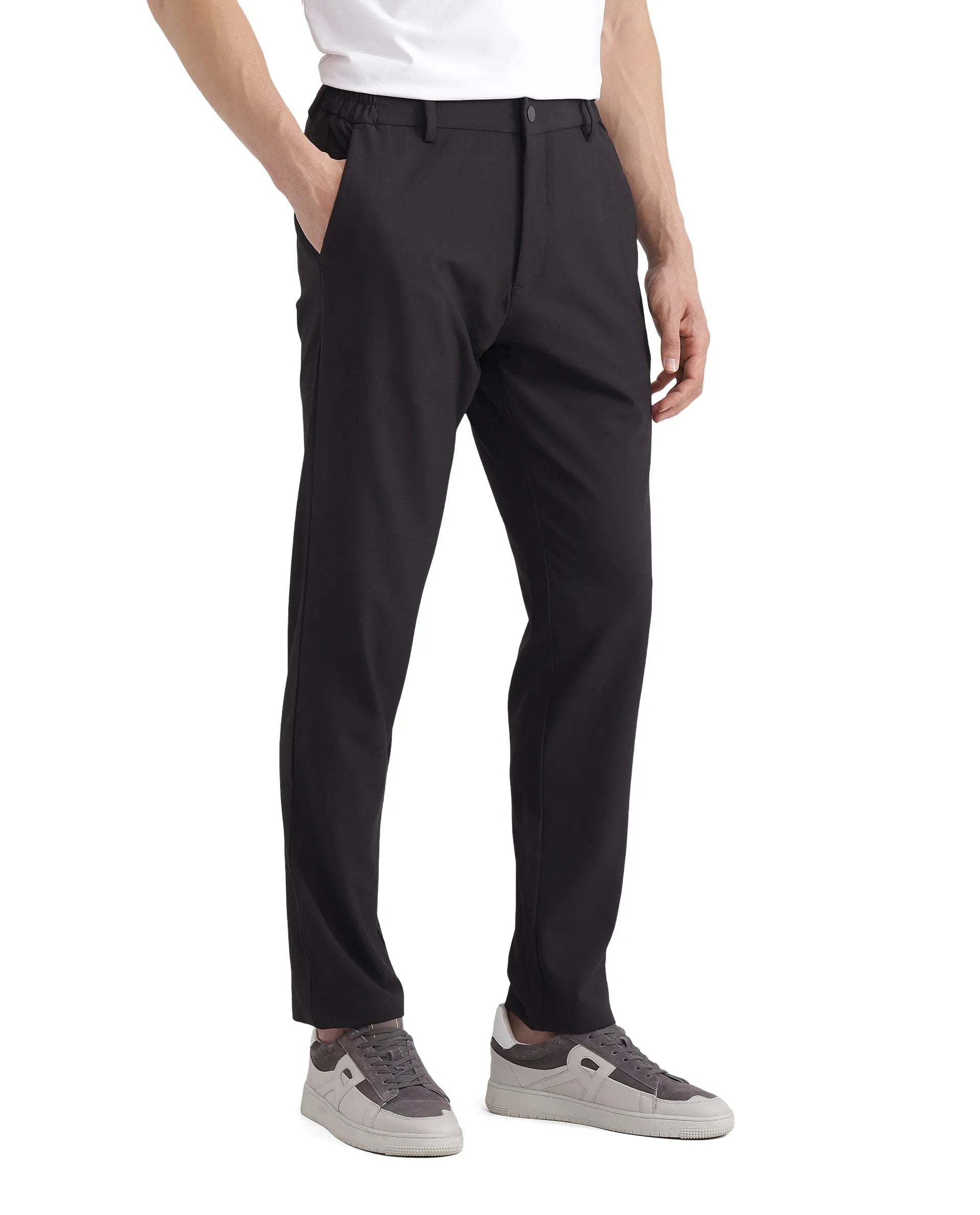 Rare Rabbit Men Travel-26 Dark Brown Cotton Elastane Fabric Button And Zip Closure Plain Trouser