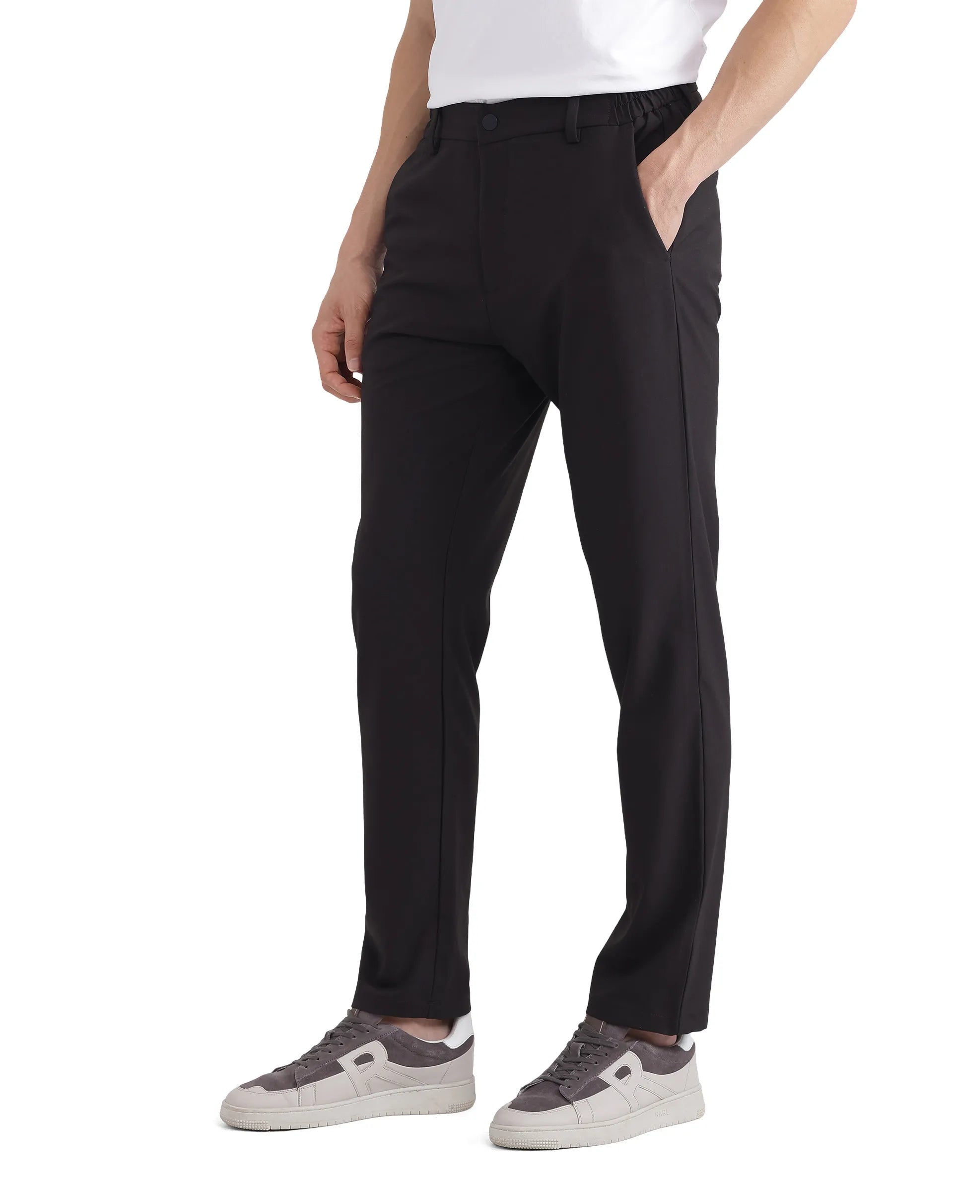 Rare Rabbit Men Travel-26 Dark Brown Cotton Elastane Fabric Button And Zip Closure Plain Trouser