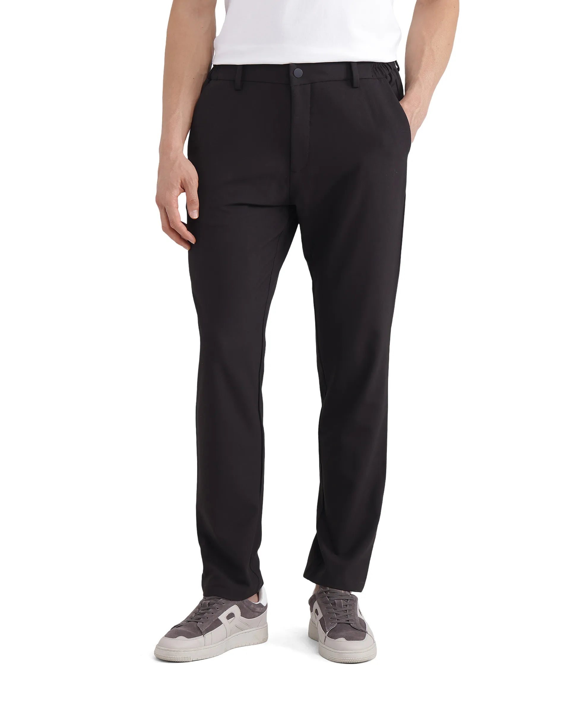 Rare Rabbit Men Travel-26 Dark Brown Cotton Elastane Fabric Button And Zip Closure Plain Trouser