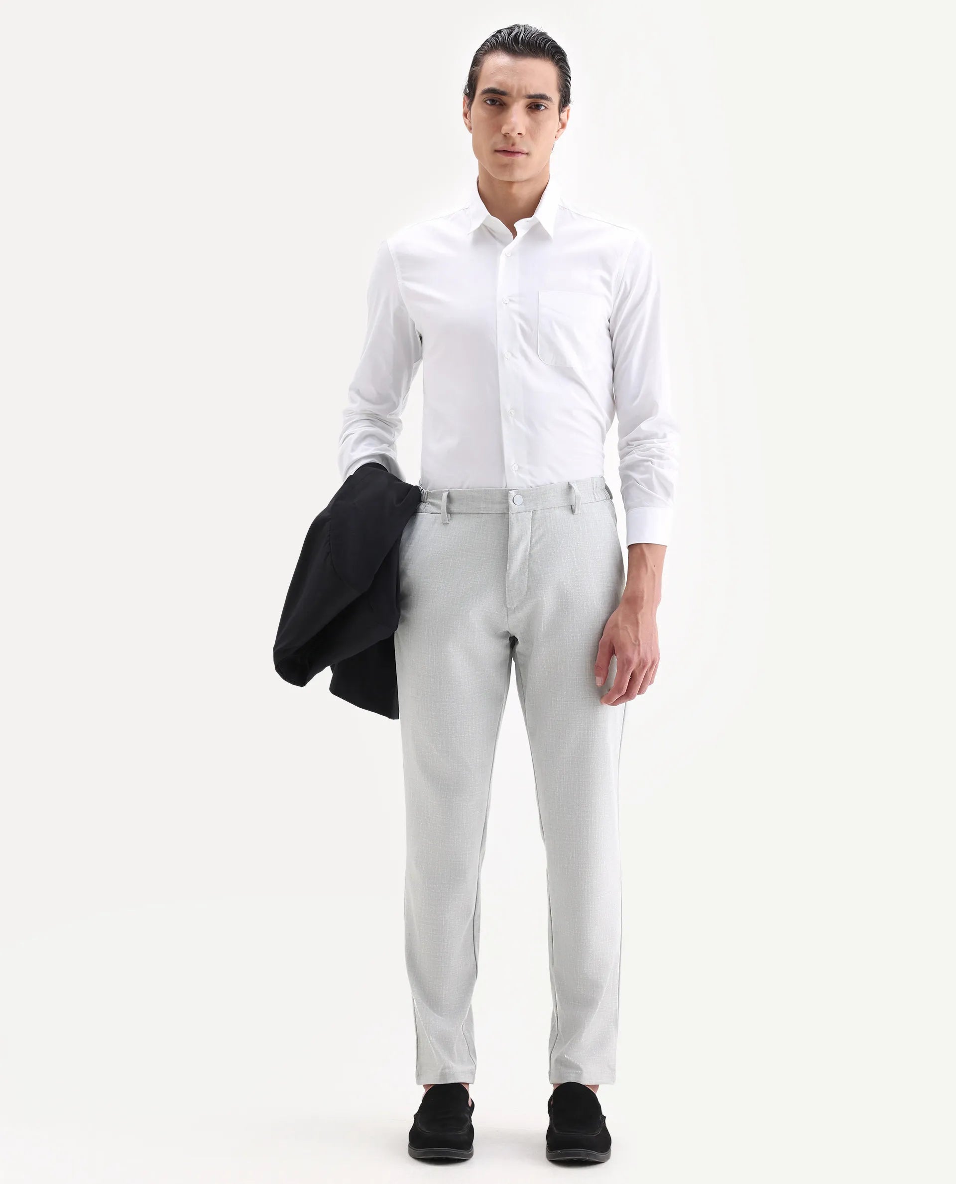 Rare Rabbit Men's Travel-26 Grey Polyester Blend Plain Regular Fit Trouser