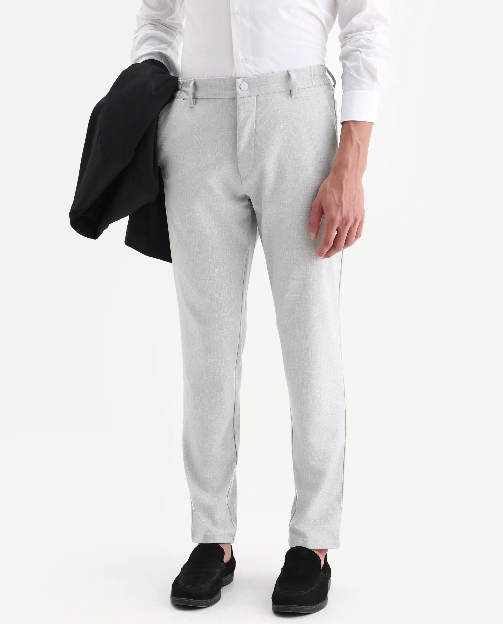 Rare Rabbit Men's Travel-26 Grey Polyester Blend Plain Regular Fit Trouser