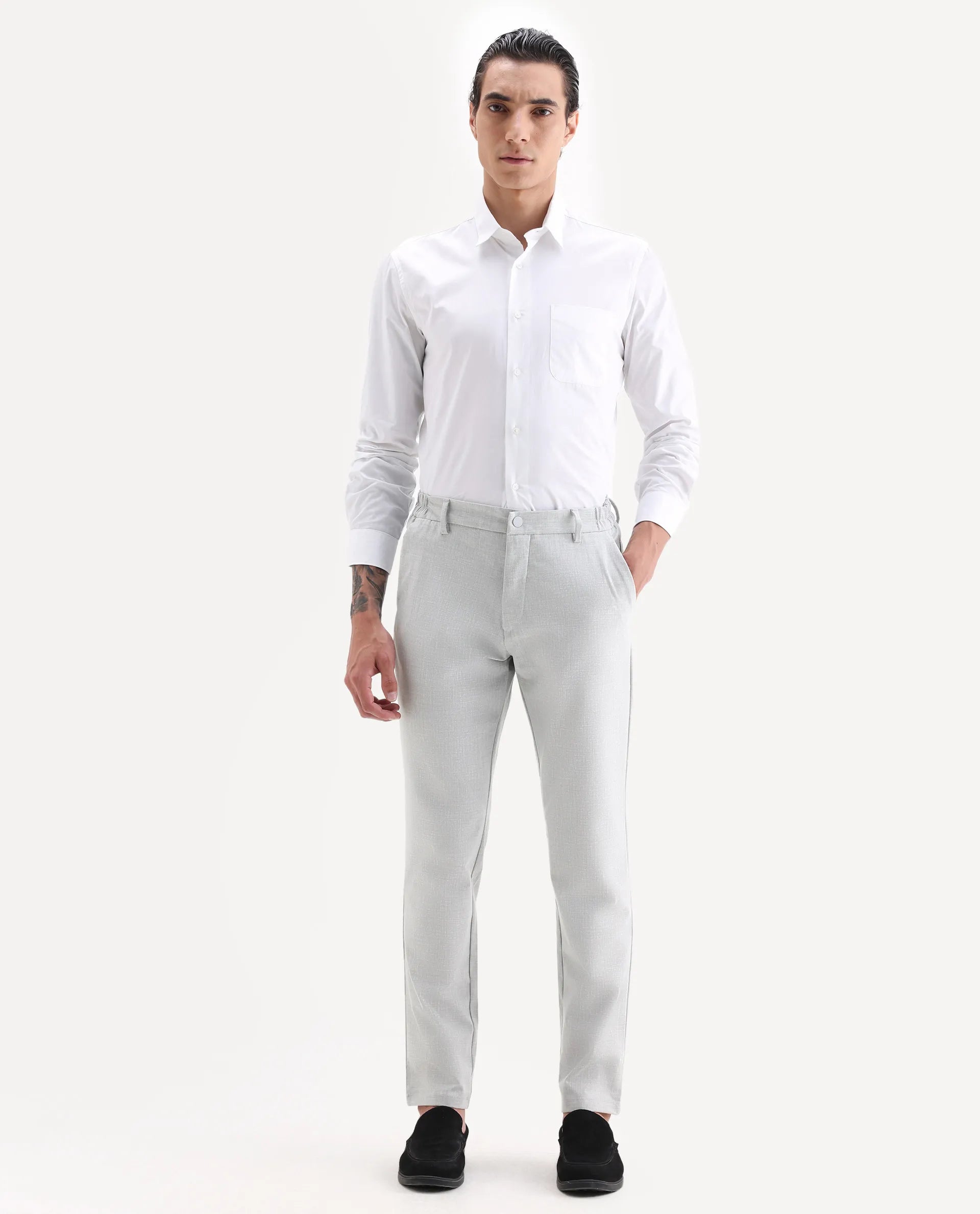 Rare Rabbit Men's Travel-26 Grey Polyester Blend Plain Regular Fit Trouser