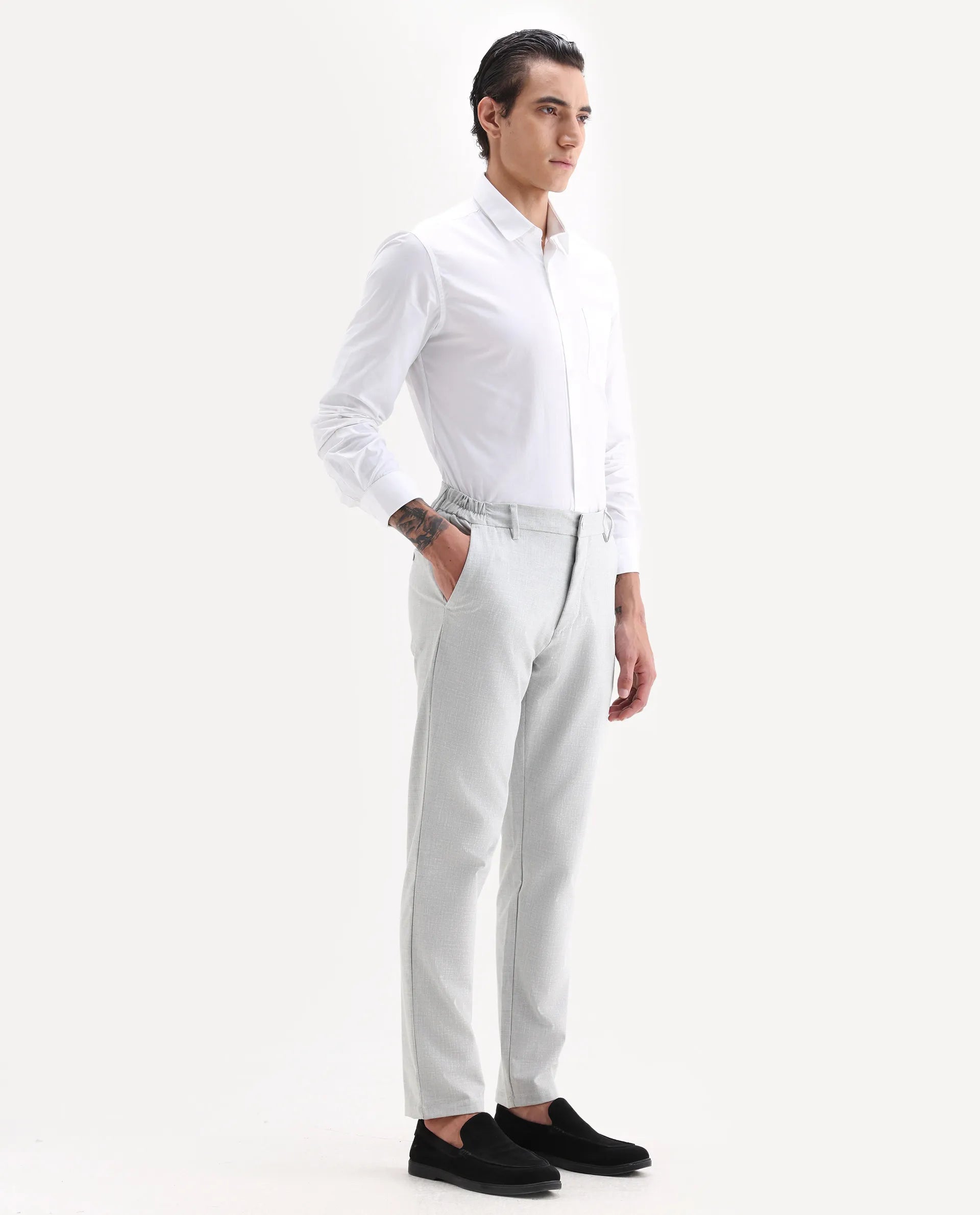 Rare Rabbit Men's Travel-26 Grey Polyester Blend Plain Regular Fit Trouser