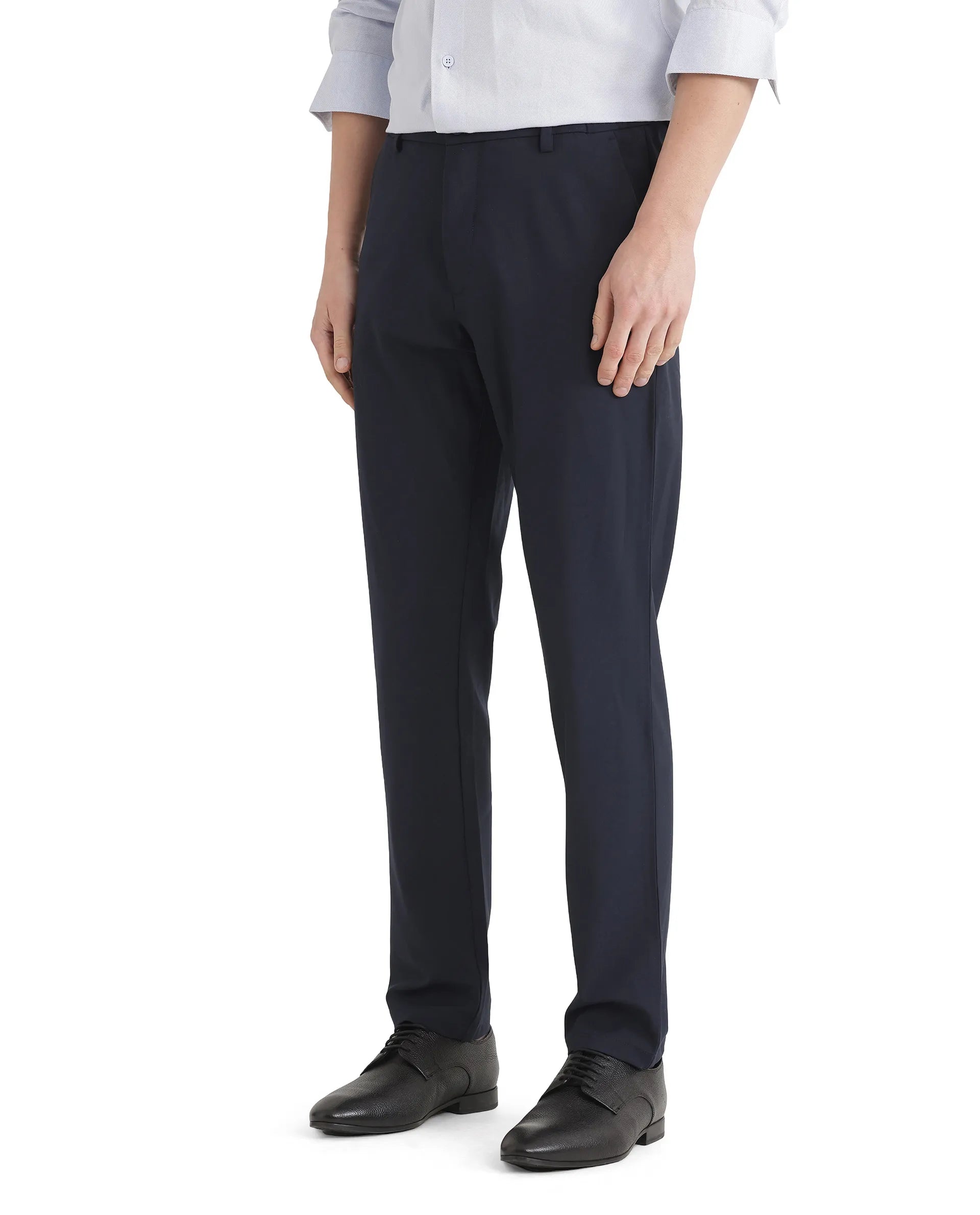 Rare Rabbit Men Travel-26 Navy Cotton Elastane Fabric Button And Zip Closure Plain Trouser