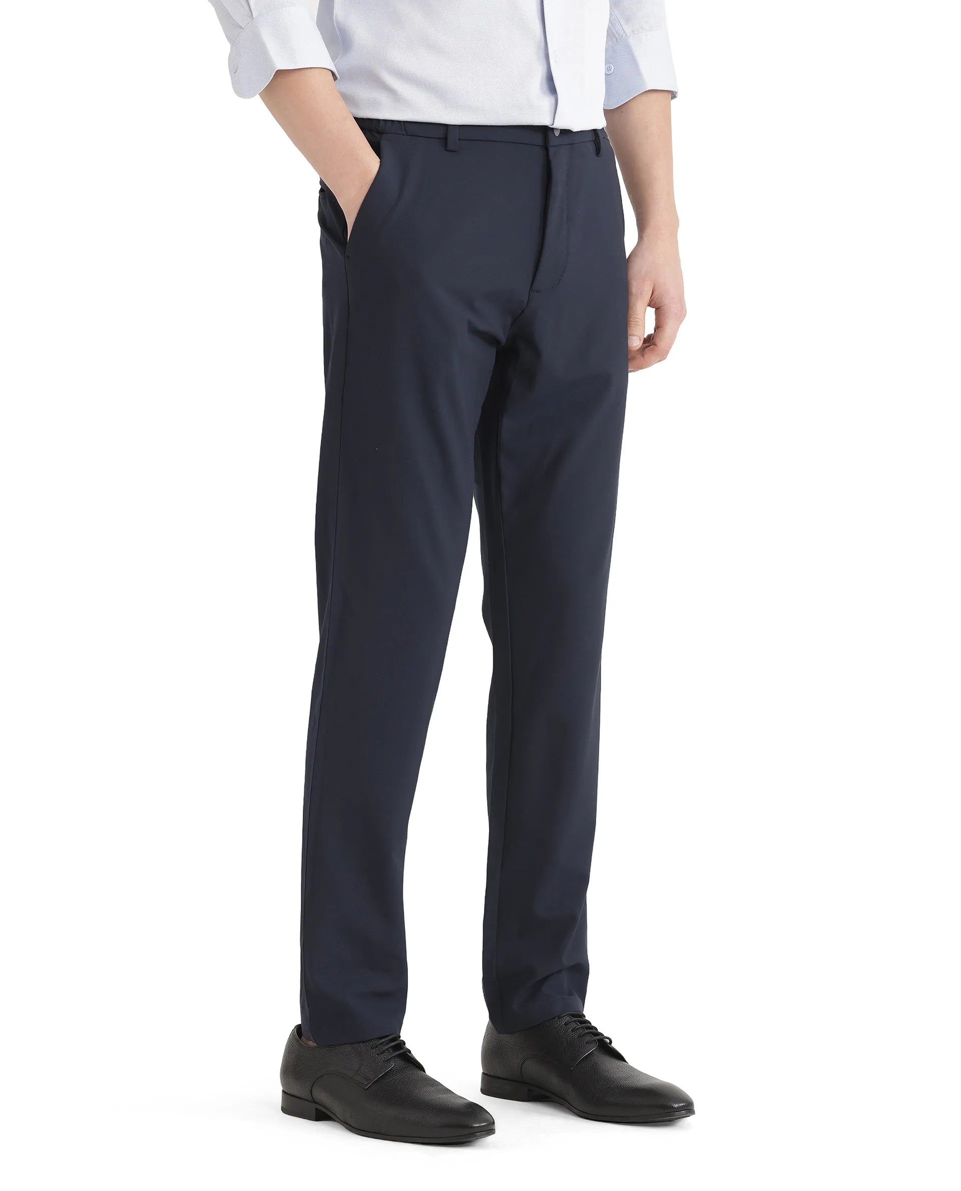 Rare Rabbit Men Travel-26 Navy Cotton Elastane Fabric Button And Zip Closure Plain Trouser