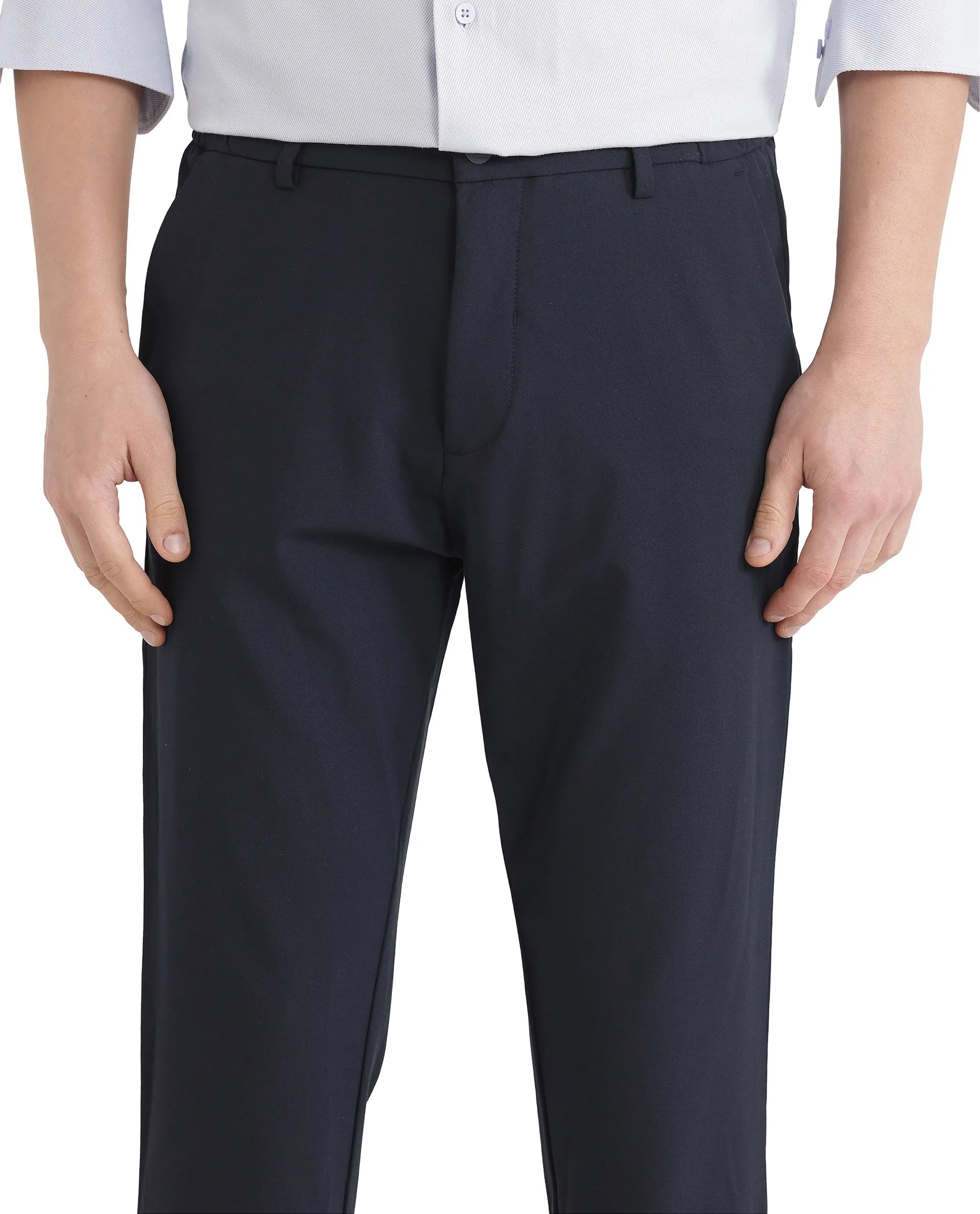 Rare Rabbit Men Travel-26 Navy Cotton Elastane Fabric Button And Zip Closure Plain Trouser