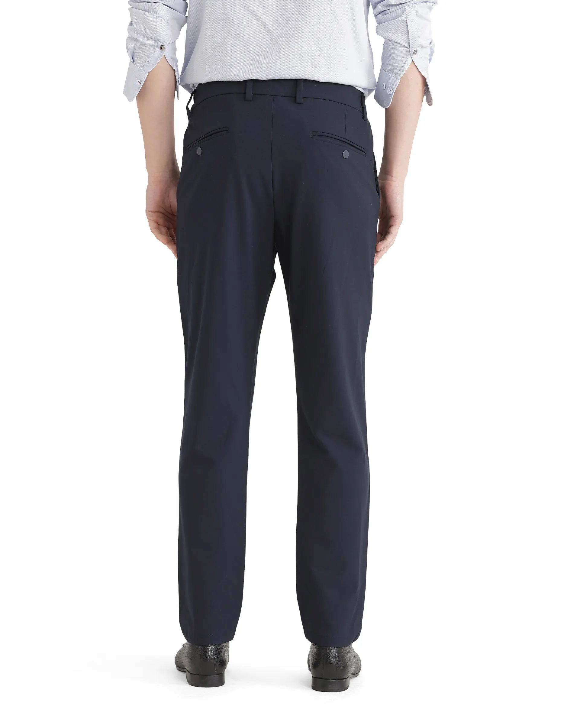 Rare Rabbit Men Travel-26 Navy Cotton Elastane Fabric Button And Zip Closure Plain Trouser