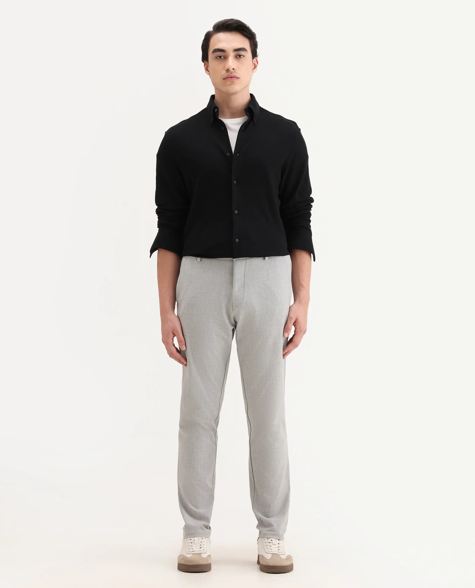 Rare Rabbit Men's Travel-26R Grey Polyester Blend Plain Regular Fit Trouser