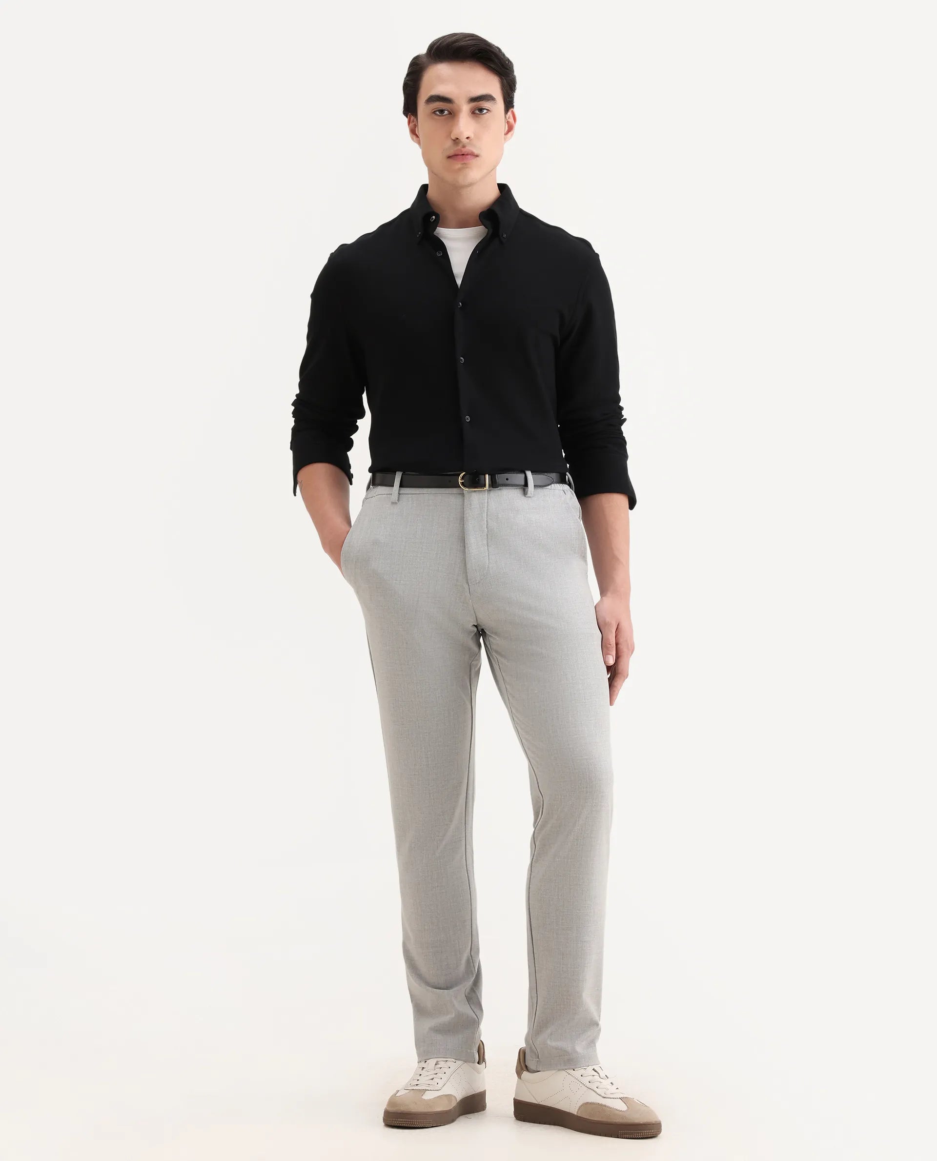 Rare Rabbit Men's Travel-26R Grey Polyester Blend Plain Regular Fit Trouser