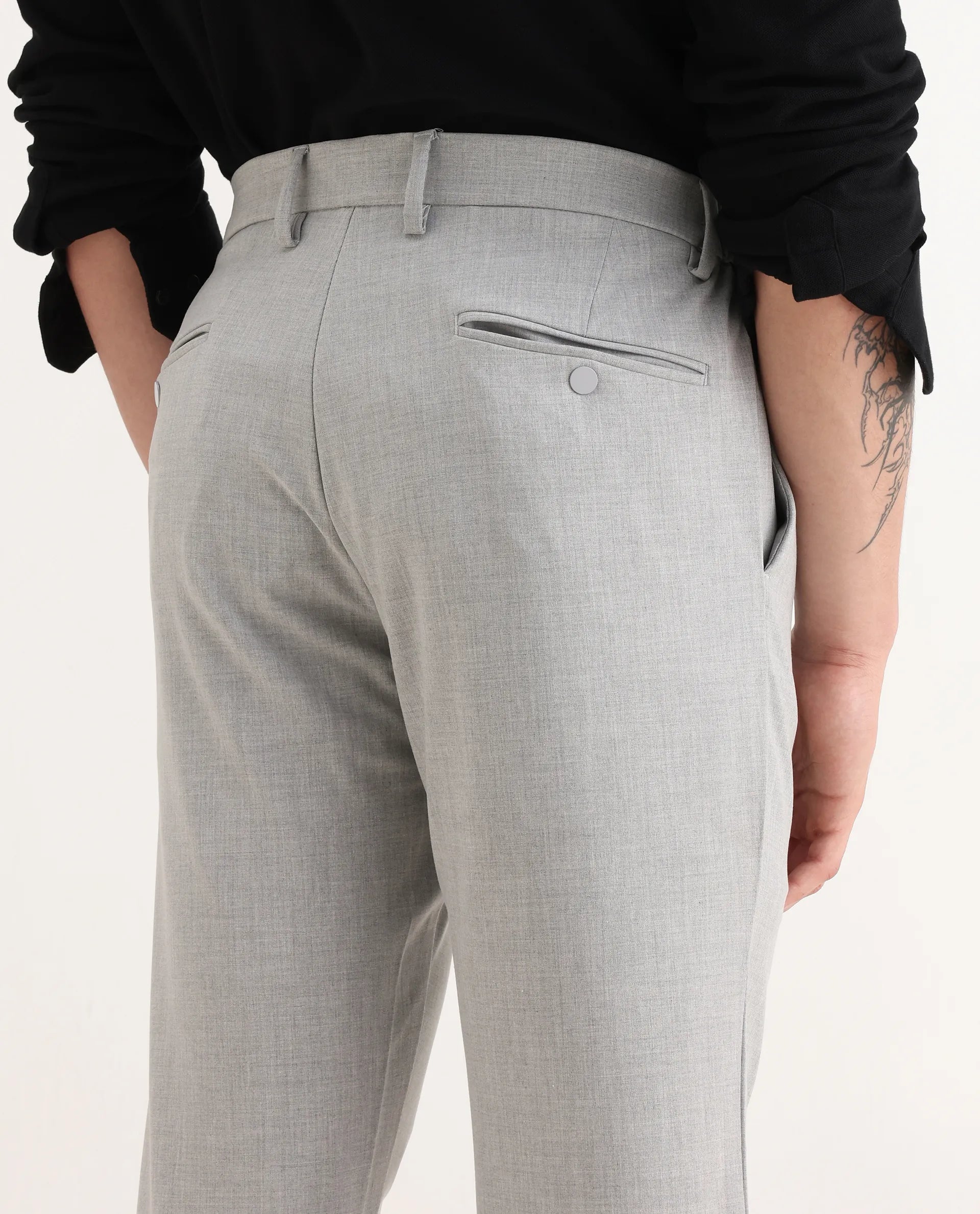 Rare Rabbit Men's Travel-26R Grey Polyester Blend Plain Regular Fit Trouser