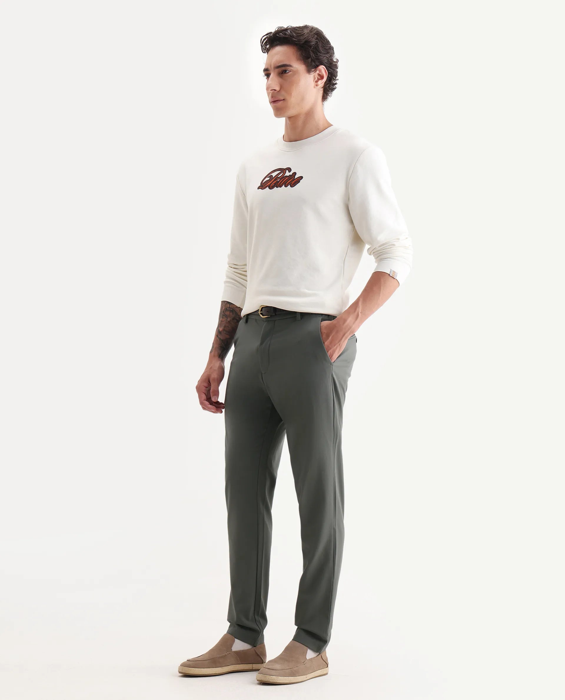 Rare Rabbit Men's Travel-26R Olive Polyester Blend Plain Regular Fit Trouser