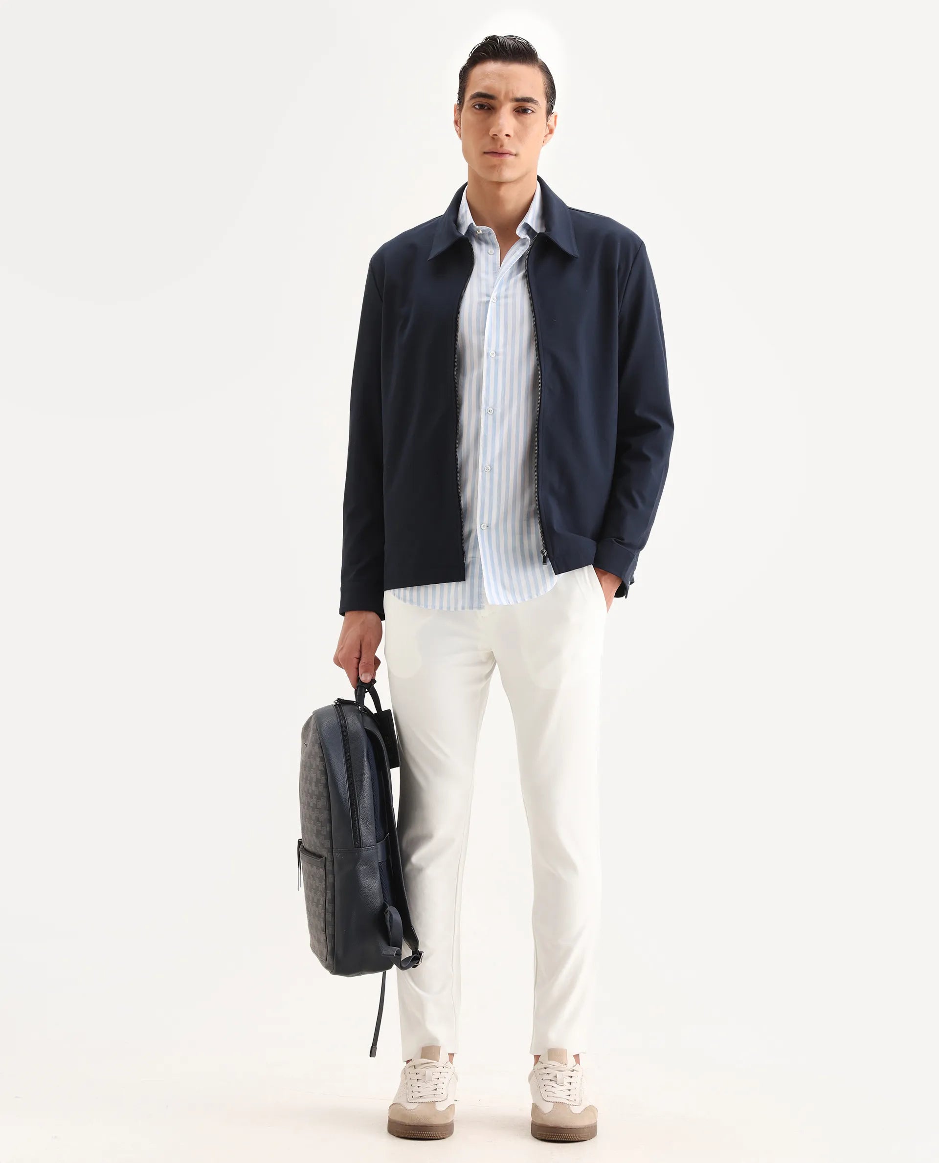 Rare Rabbit Men's Travel-2 White Solid Mid-Rise Slim Fit Stretch Trousers