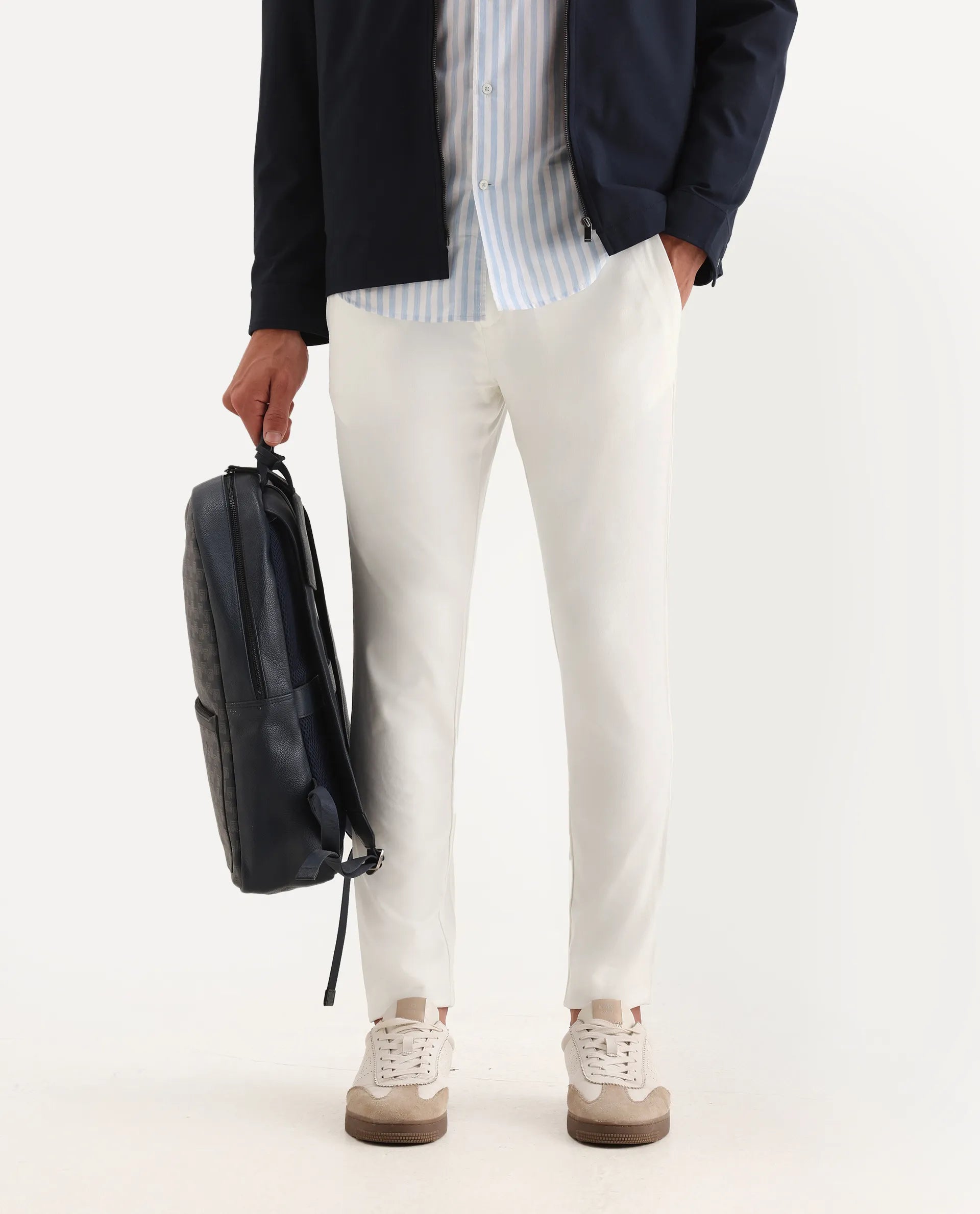 Rare Rabbit Men's Travel-2 White Solid Mid-Rise Slim Fit Stretch Trousers