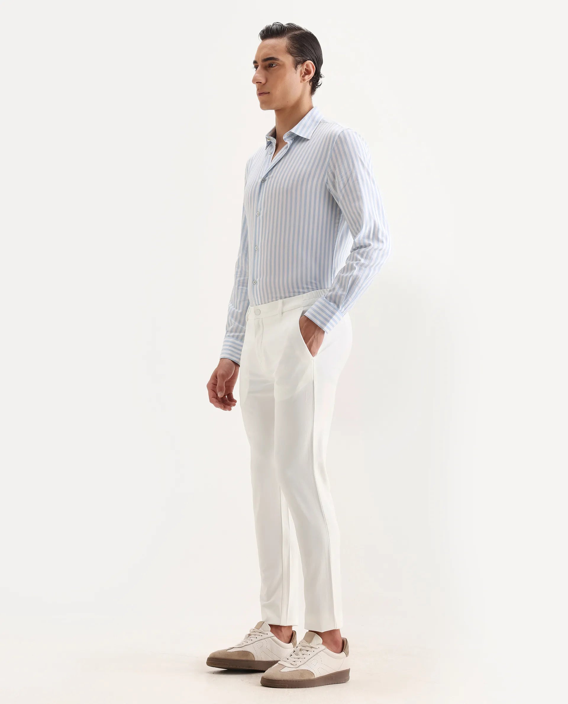 Rare Rabbit Men's Travel-2 White Solid Mid-Rise Slim Fit Stretch Trousers