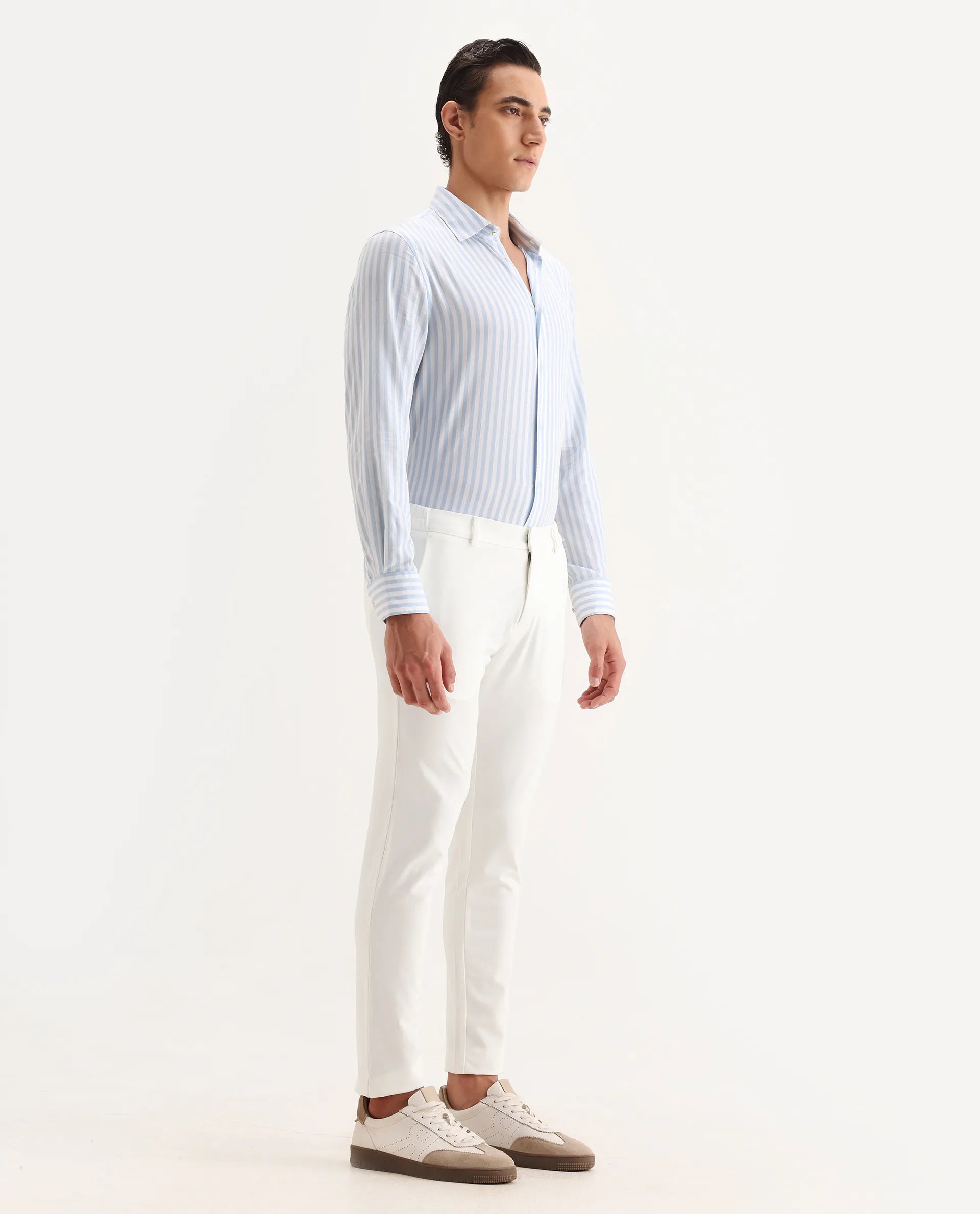 Rare Rabbit Men's Travel-2 White Solid Mid-Rise Slim Fit Stretch Trousers