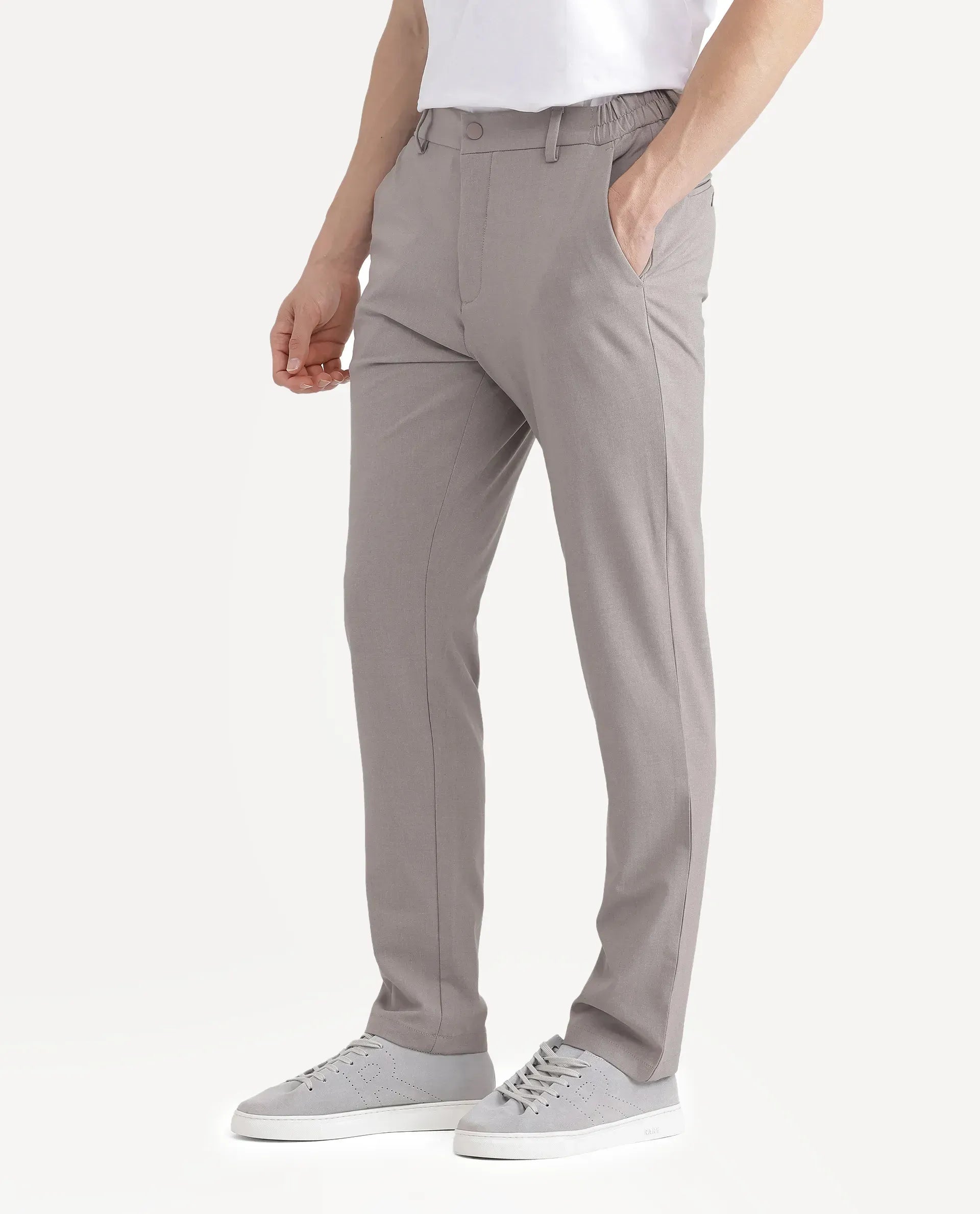 Rare Rabbit Men Travel-Stk Dark Beige Polyester Fabric Button And Zip Closure Closure Plain Trouser