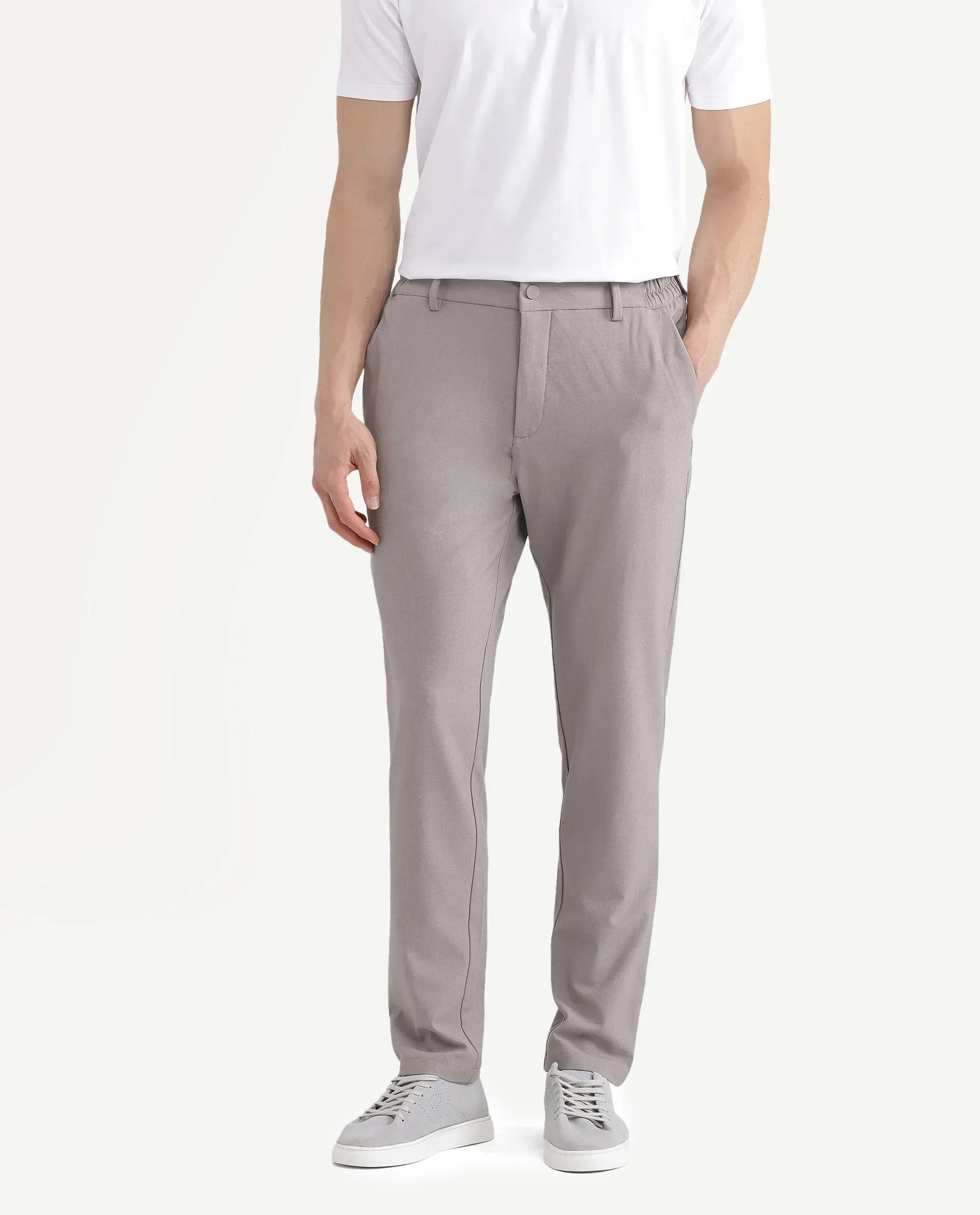 Rare Rabbit Men Travel-Stk Dark Beige Polyester Fabric Button And Zip Closure Closure Plain Trouser