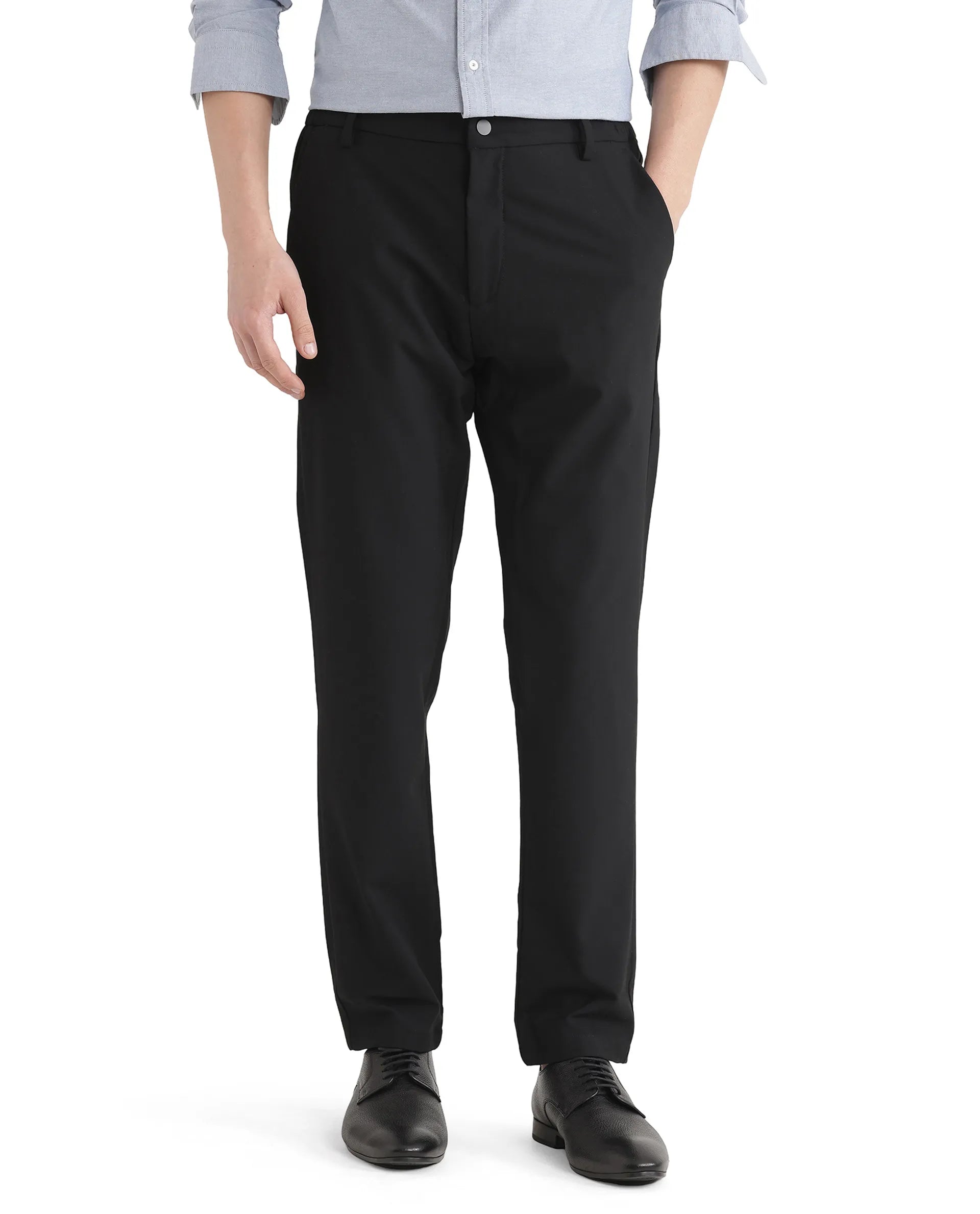 Rare Rabbit Men Travel-Uni Black Polyester Viscose Fabric Button And Zip Closure Plain Trouser