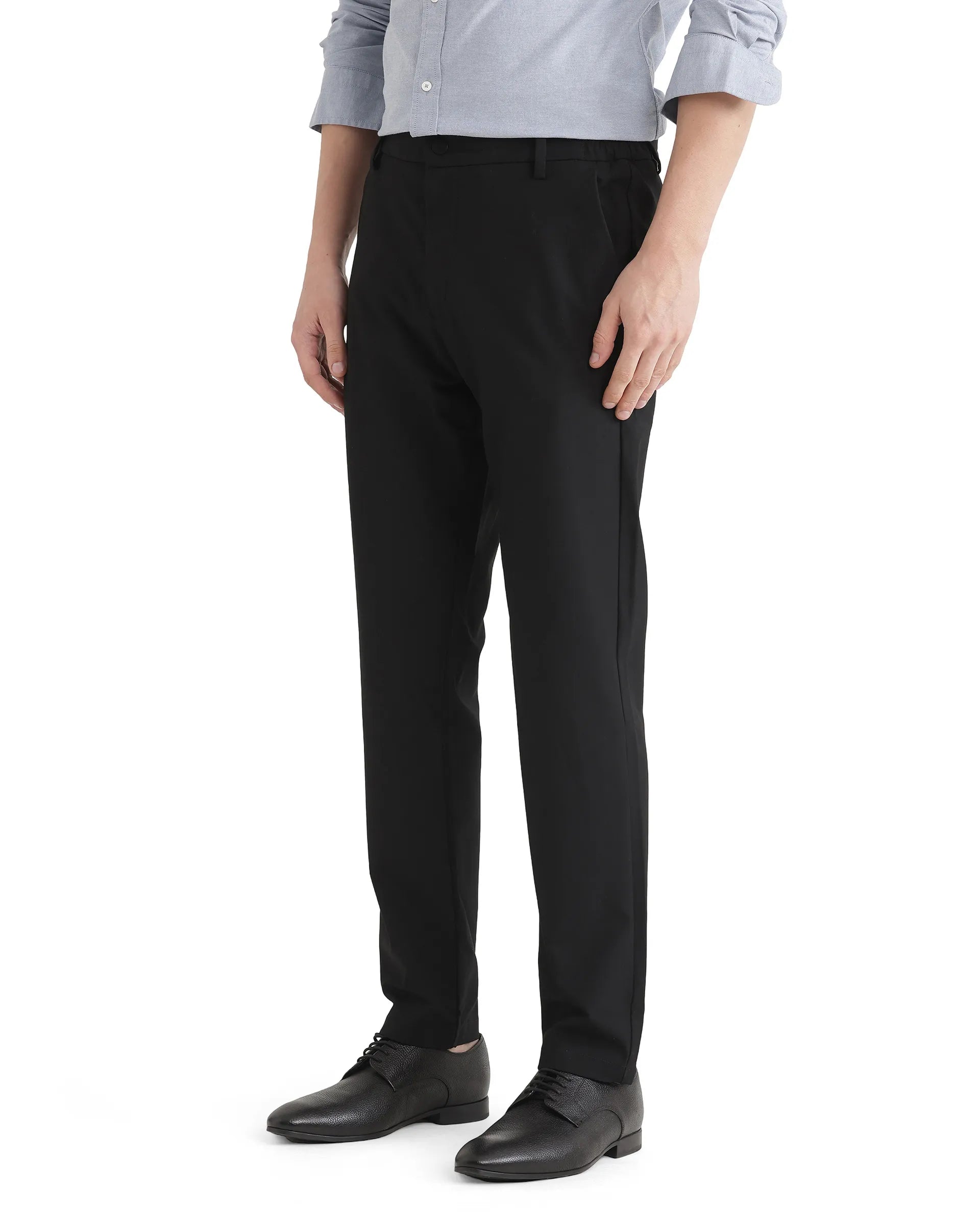 Rare Rabbit Men Travel-Uni Black Polyester Viscose Fabric Button And Zip Closure Plain Trouser