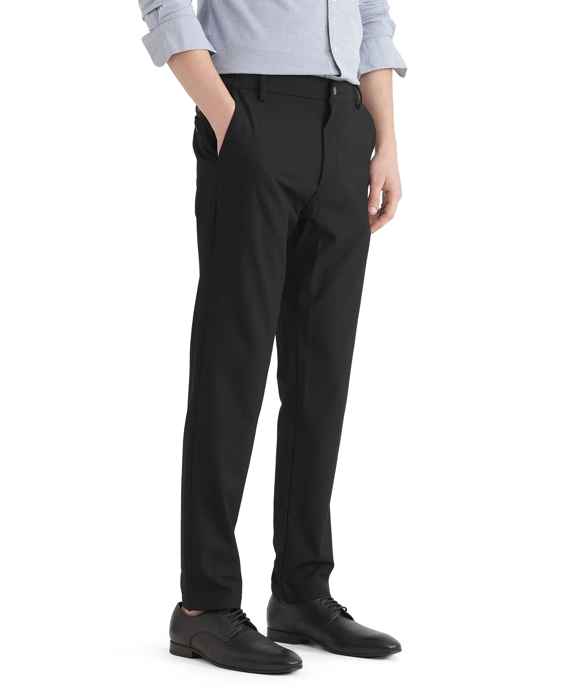 Rare Rabbit Men Travel-Uni Black Polyester Viscose Fabric Button And Zip Closure Plain Trouser