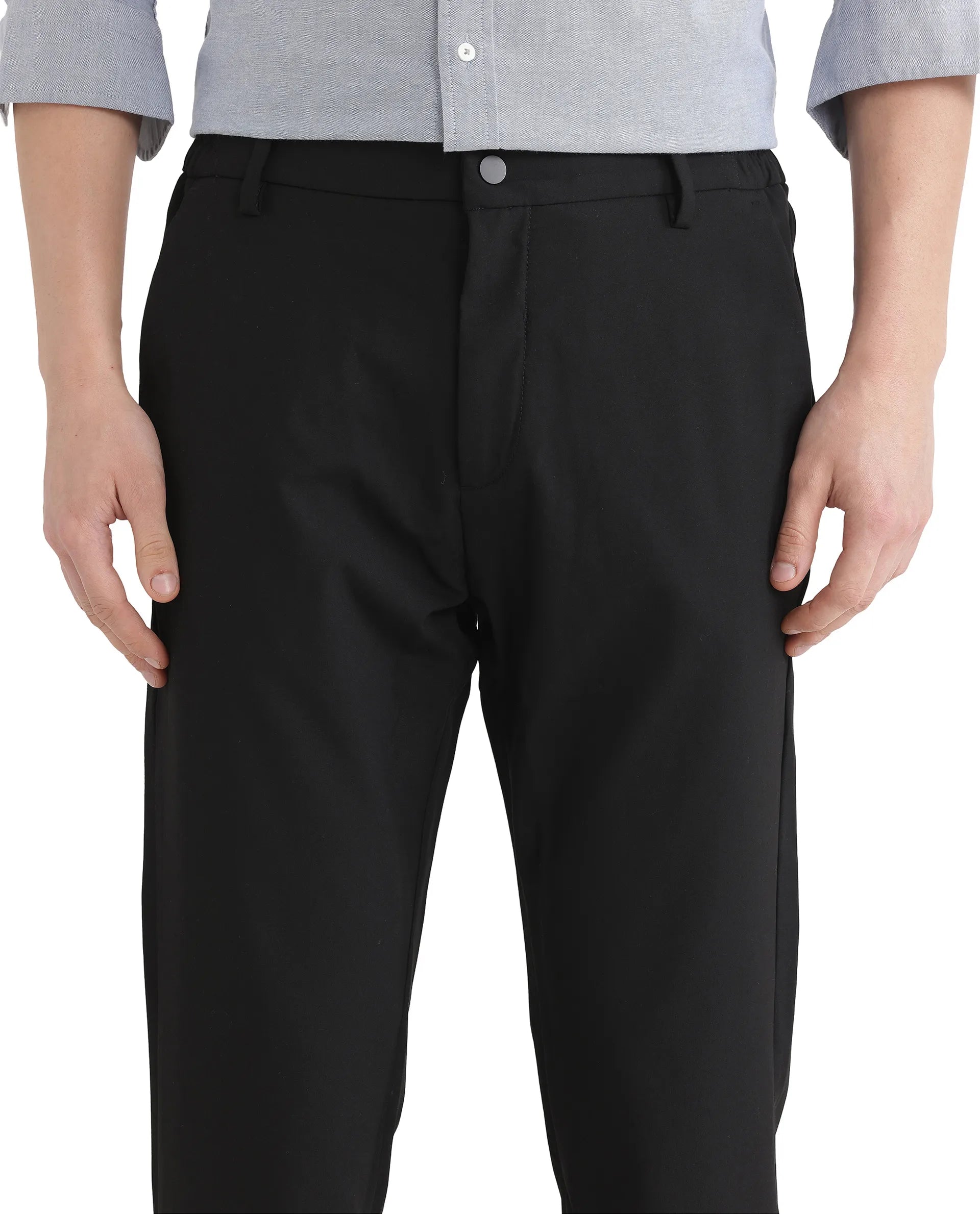 Rare Rabbit Men Travel-Uni Black Polyester Viscose Fabric Button And Zip Closure Plain Trouser