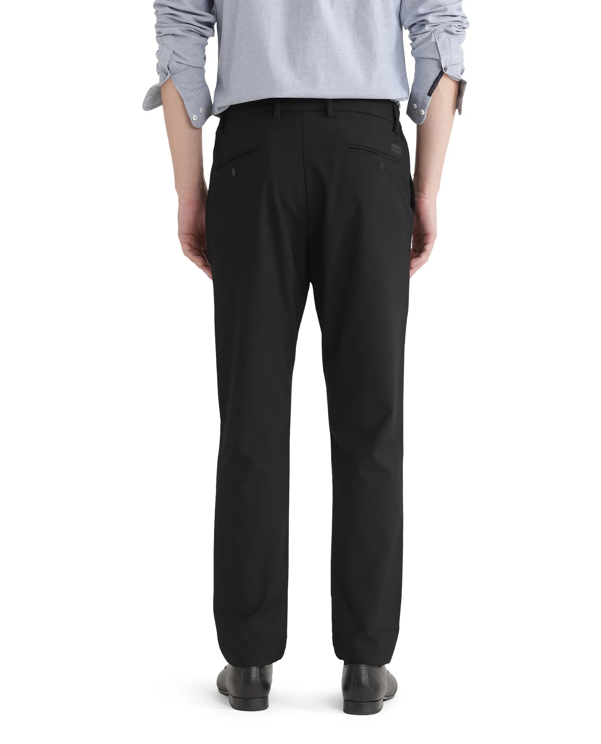 Rare Rabbit Men Travel-Uni Black Polyester Viscose Fabric Button And Zip Closure Plain Trouser