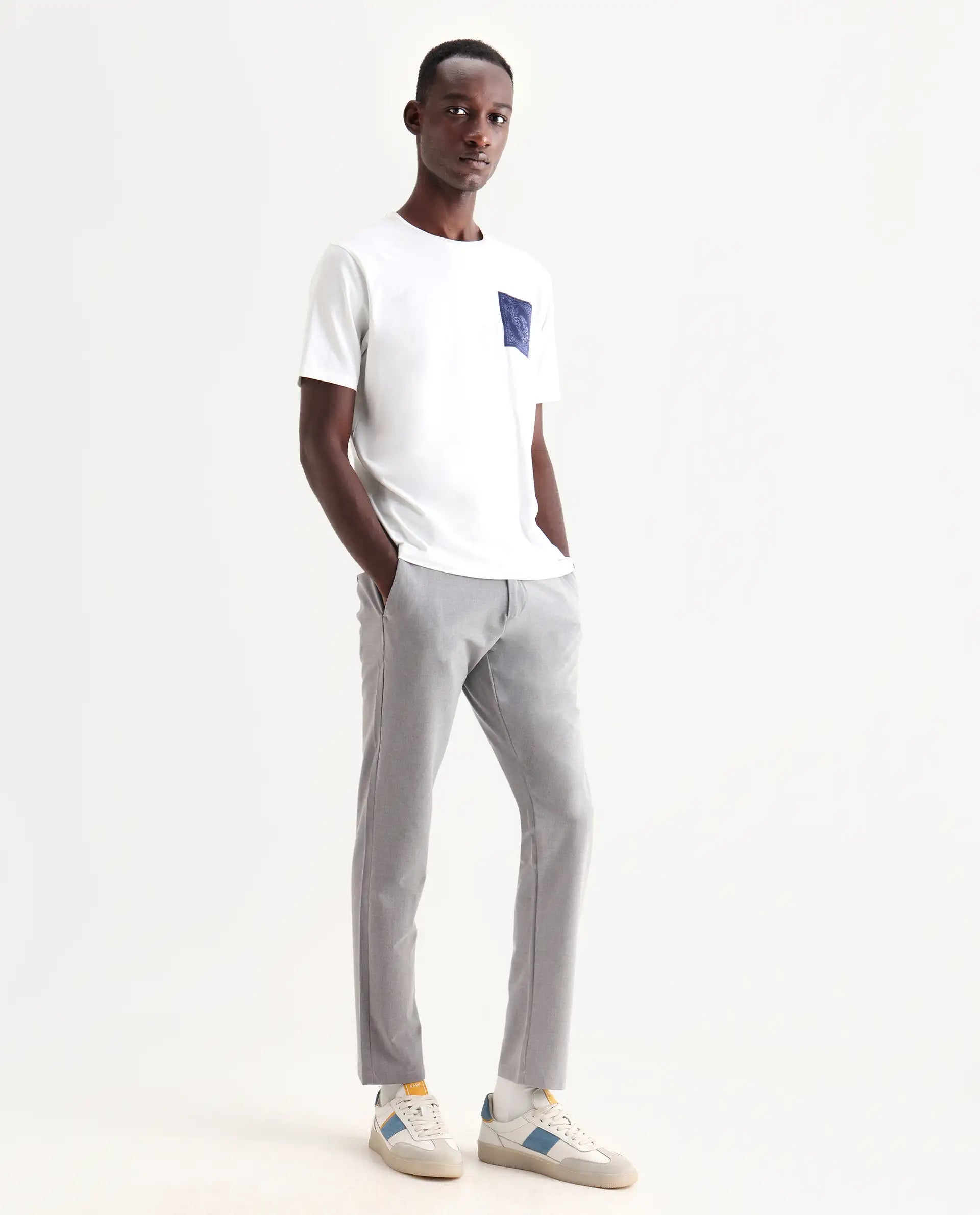 Rare Rabbit Men's Travel-24 Grey Poly Viscose Lycra Fabric Blend Solid Trousers