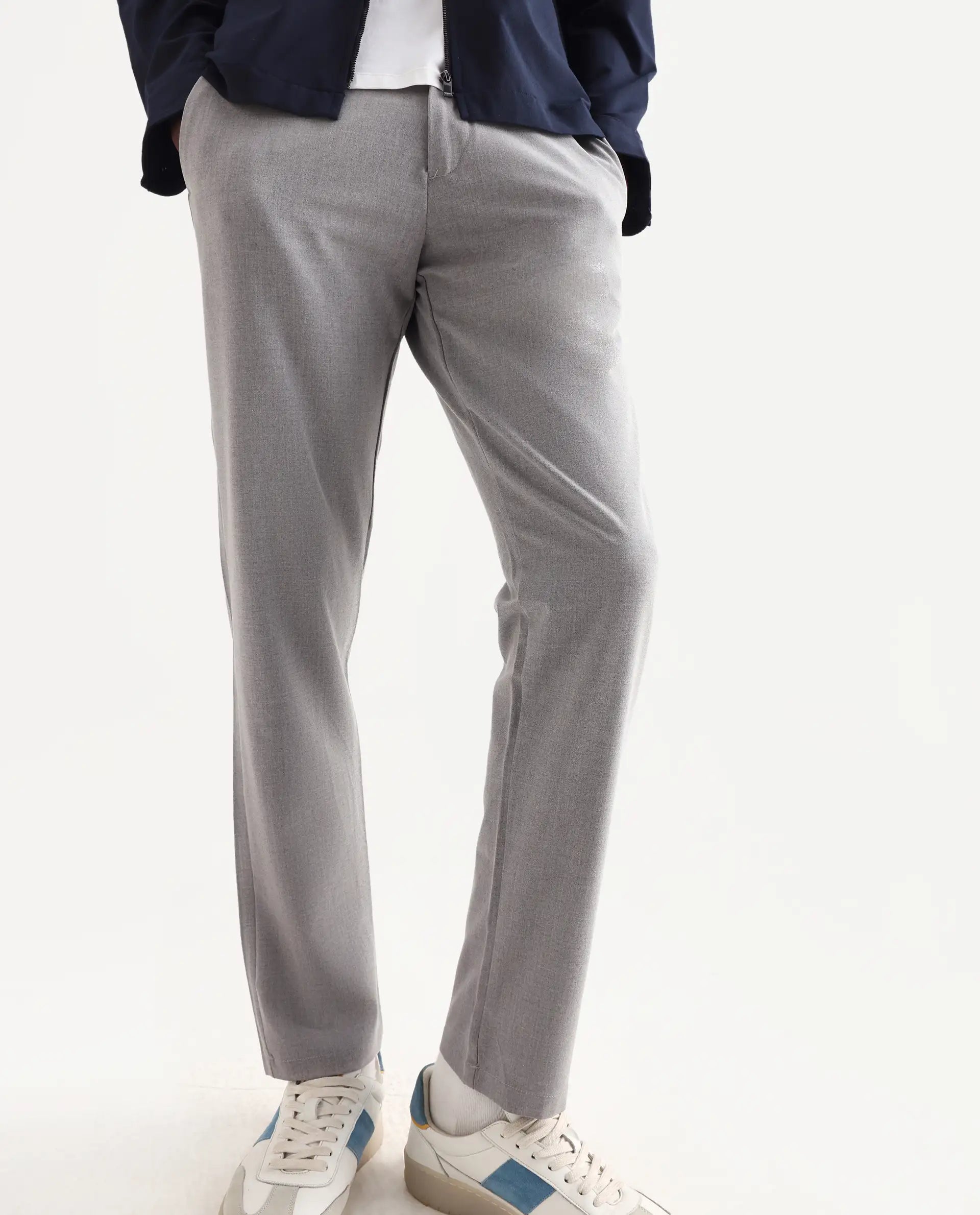 Rare Rabbit Men's Travel-24 Grey Poly Viscose Lycra Fabric Blend Solid Trousers